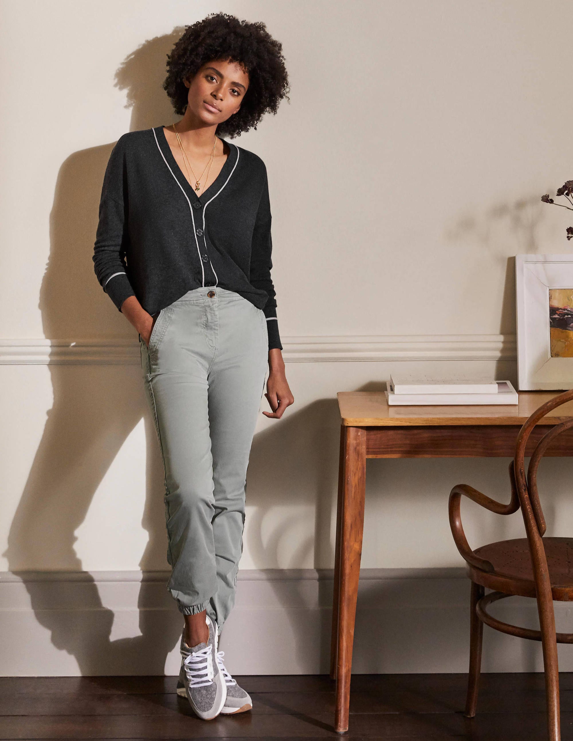 V-neck Relaxed Cardigan-Charcoal Melange - Image 4