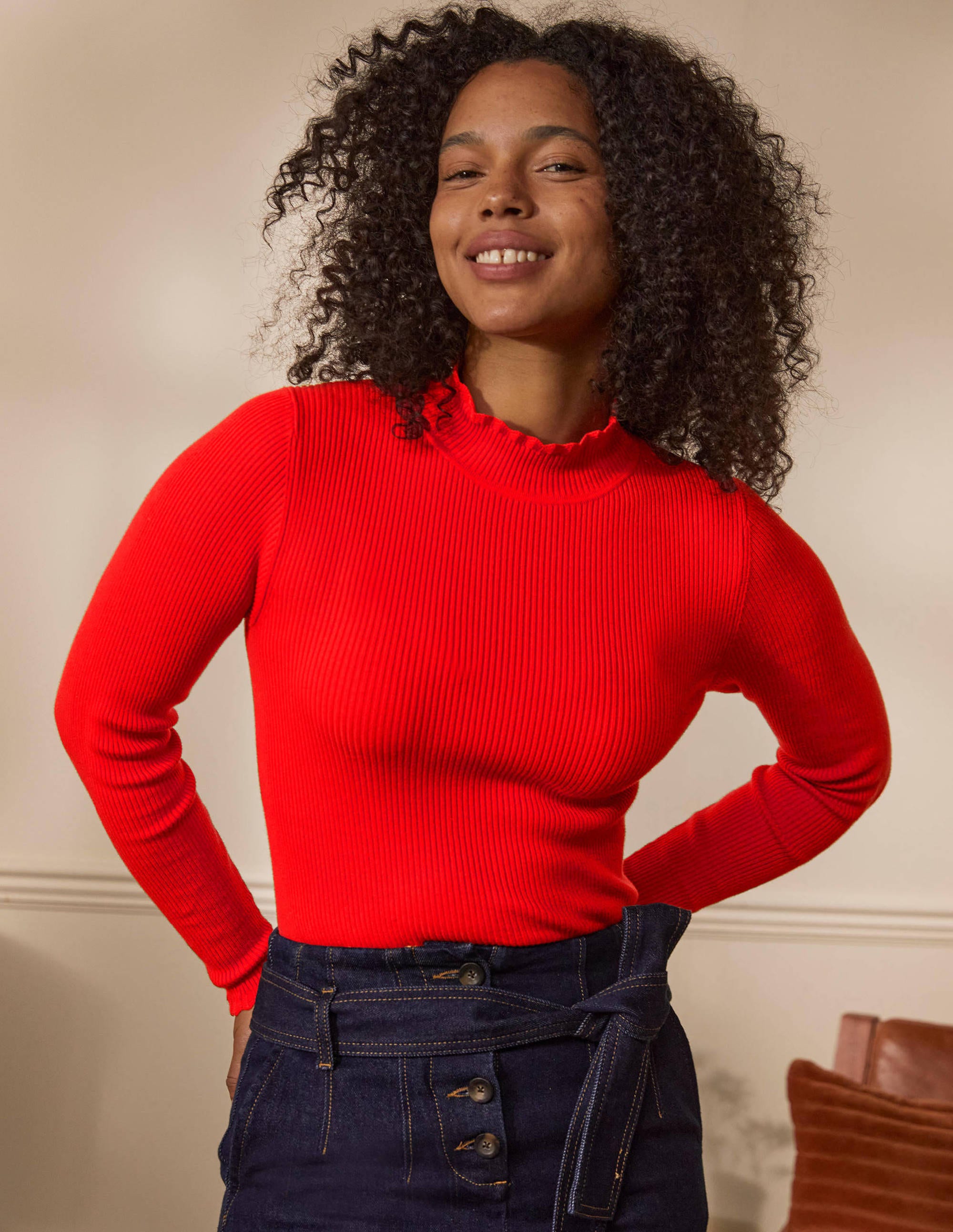 Scallop High Neck Jumper-Cherry Red - Image 4