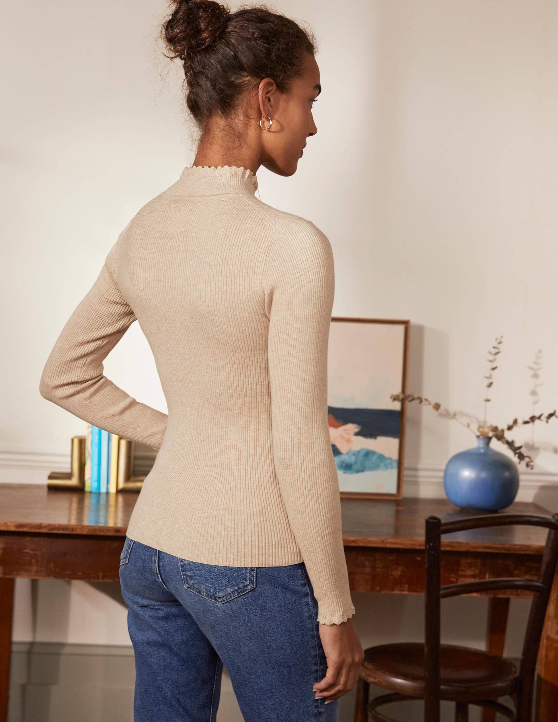 Scallop High Neck Jumper-Oatmeal Melange-3