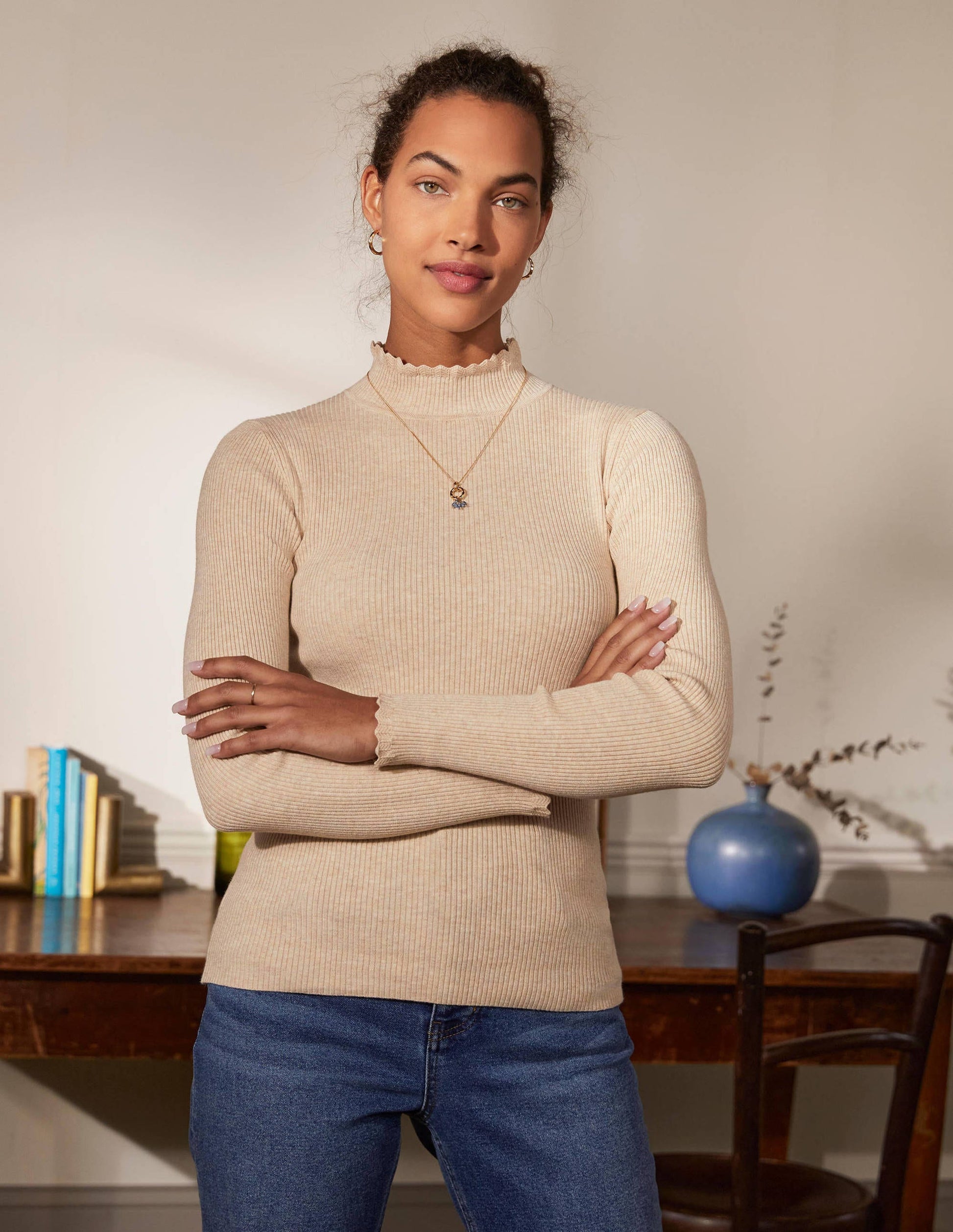 Scallop High Neck Jumper-Oatmeal Melange-4