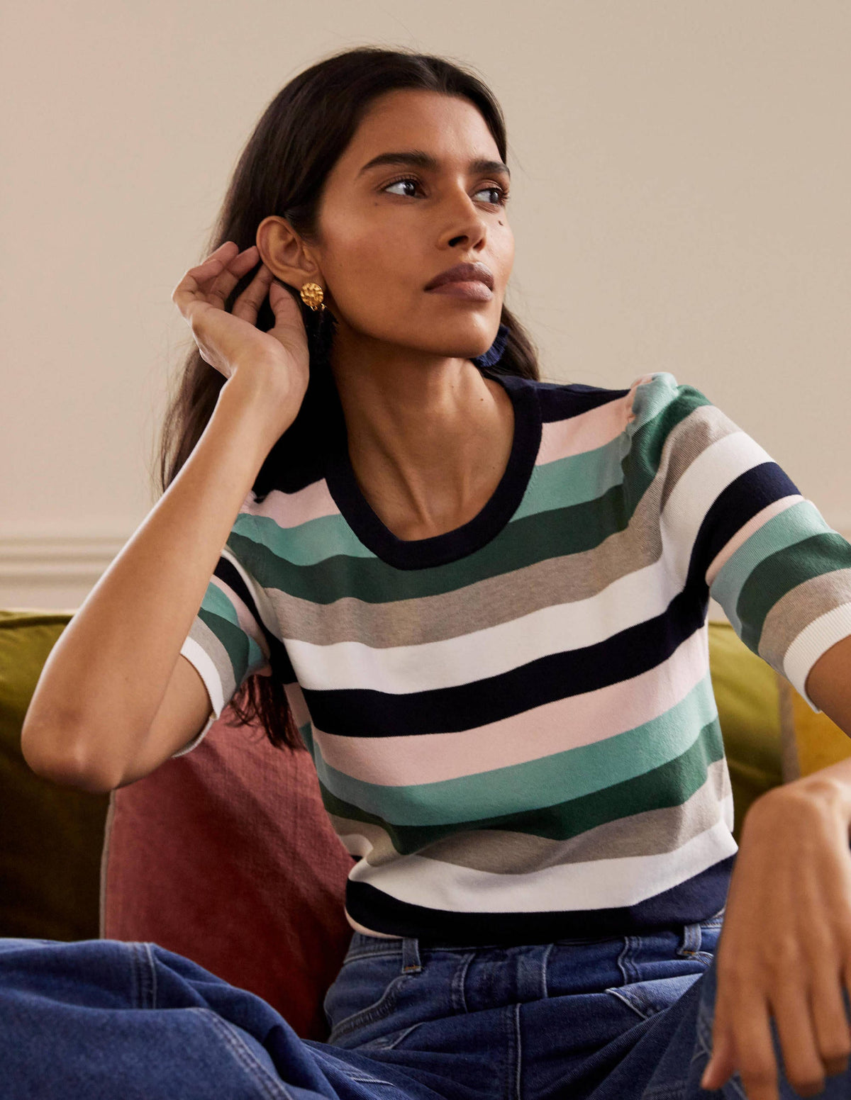 Cotton Crew Knitted Top-Palm Leaf, Multi Stripe - Image 1