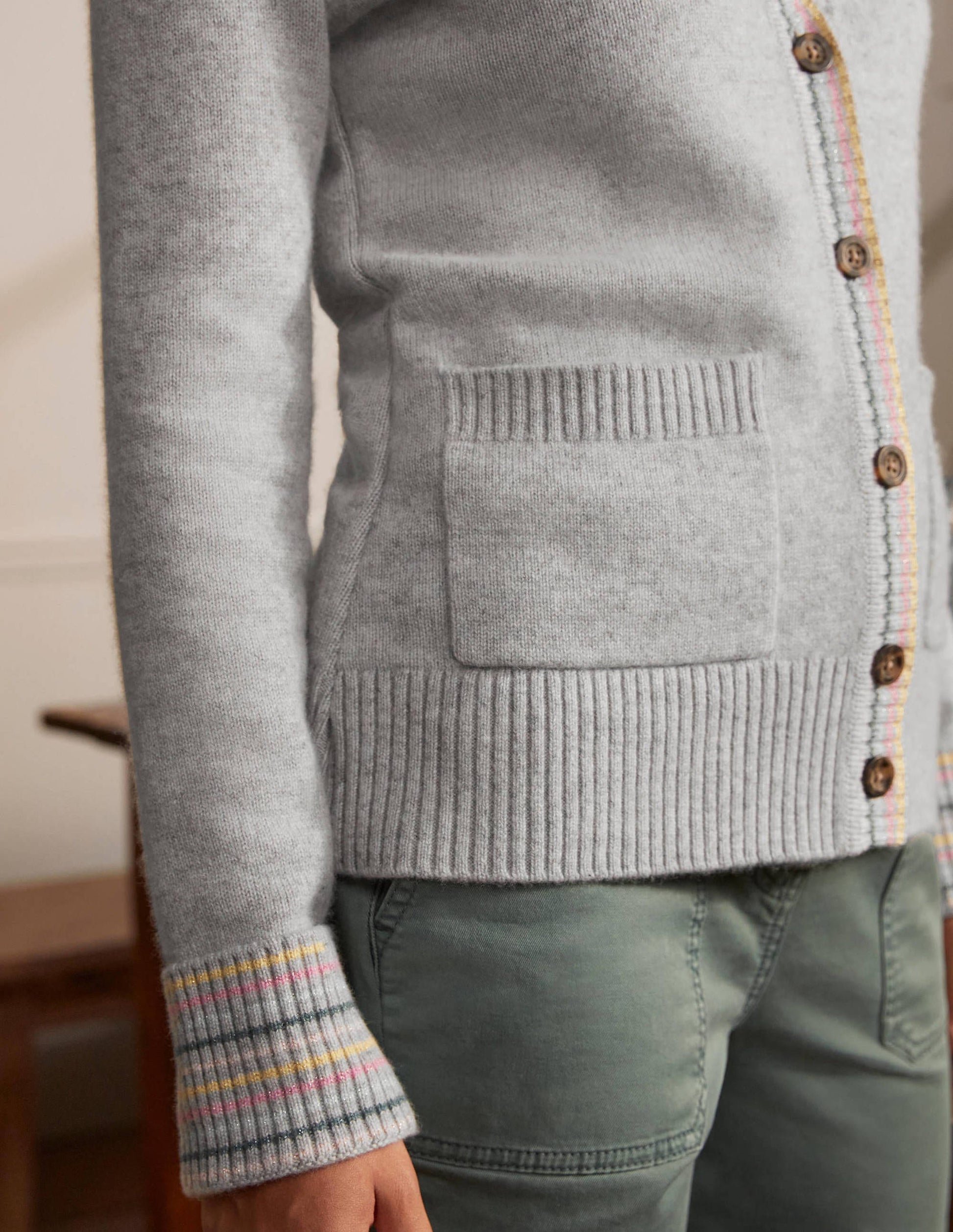 Cashmere Cuff Detail Cardigan-Grey Melange-2