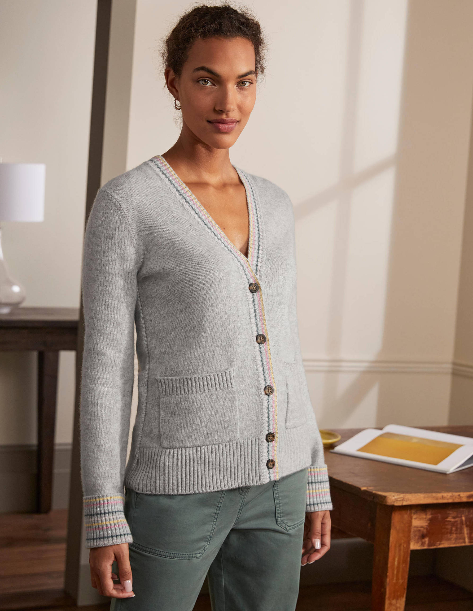 Cashmere Cuff Detail Cardigan-Grey Melange - Image 4