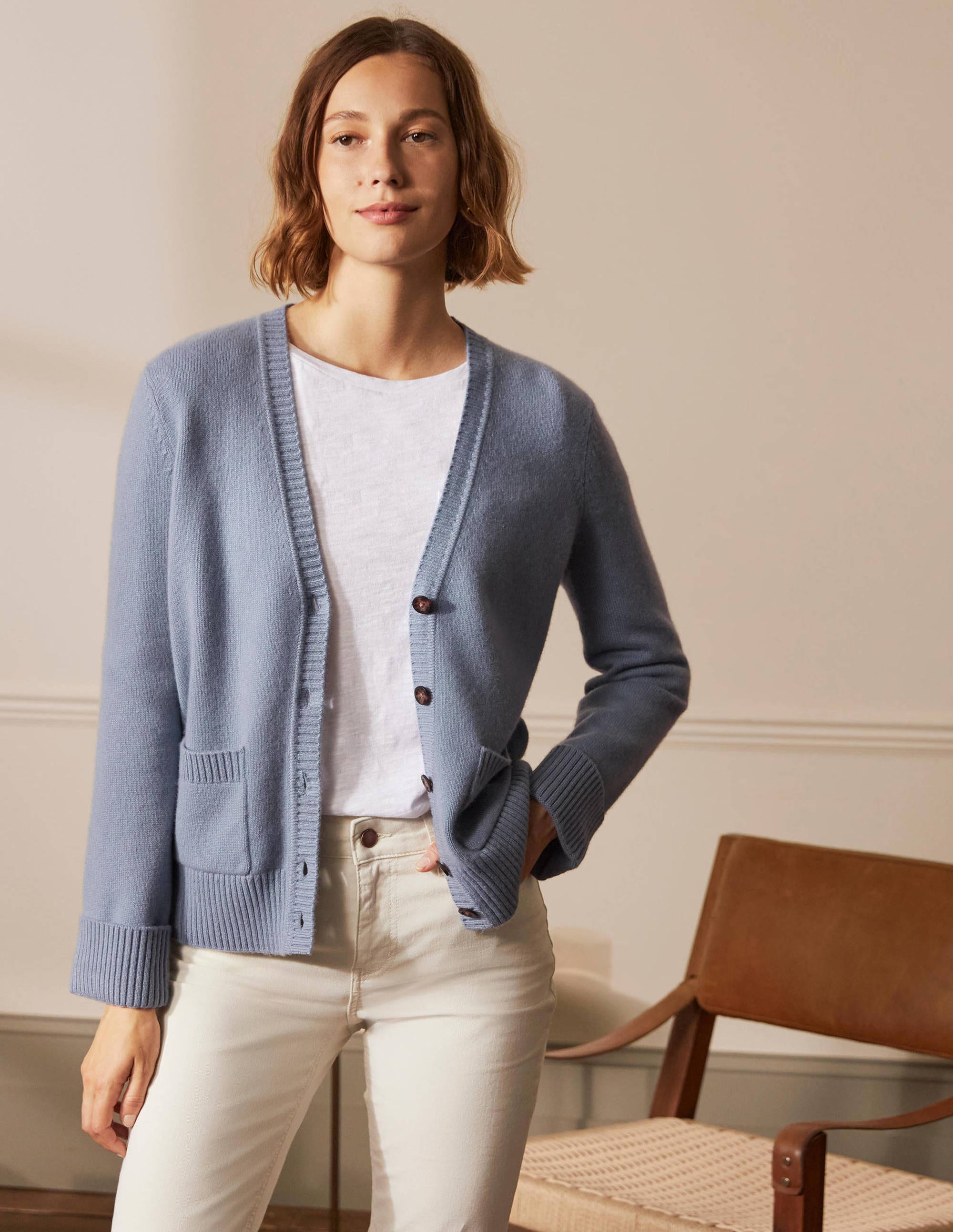 Cashmere Cuff Detail Cardigan-Lapis Light Blue - Image 4