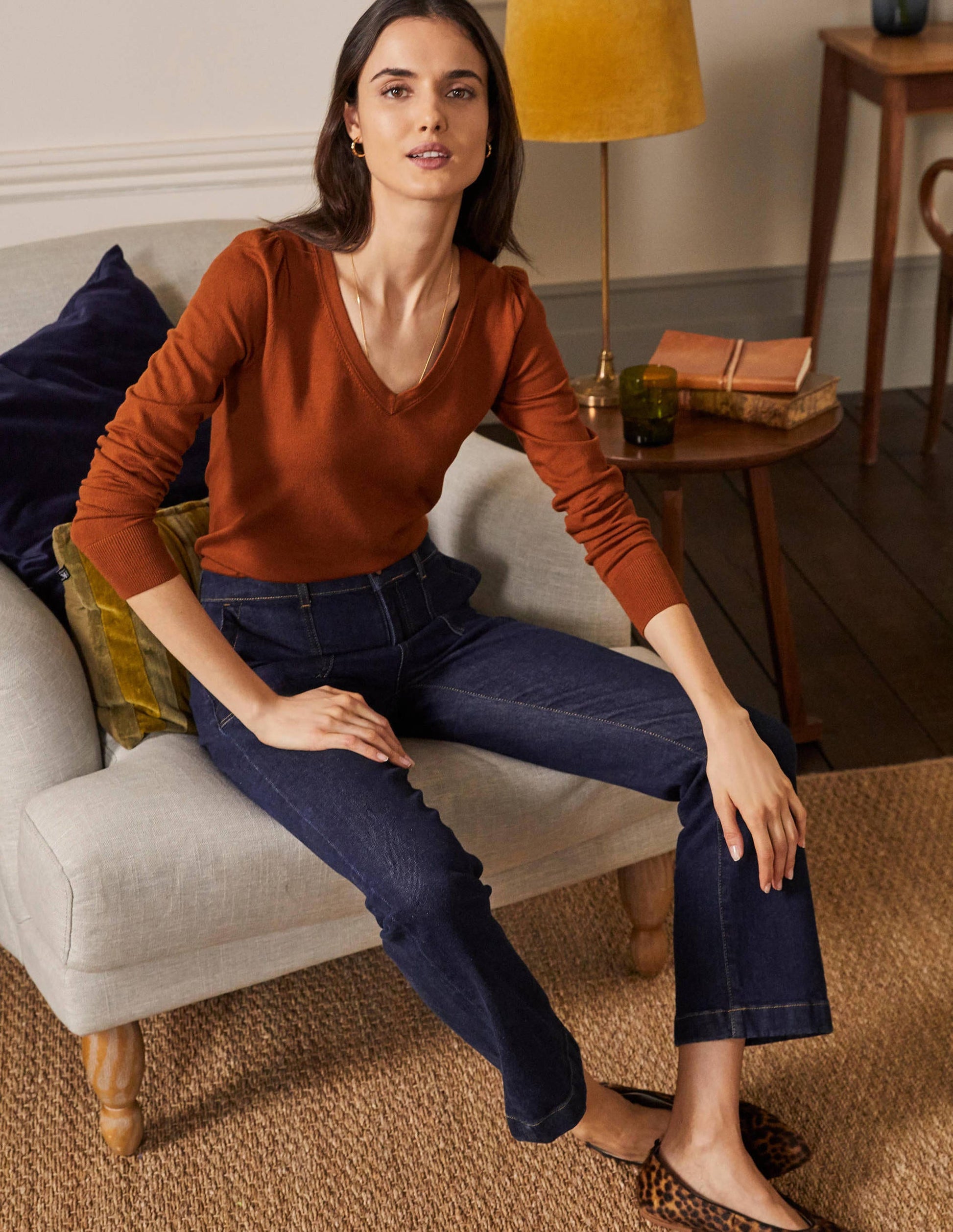 Cotton V-Neck Jumper-Rust-1
