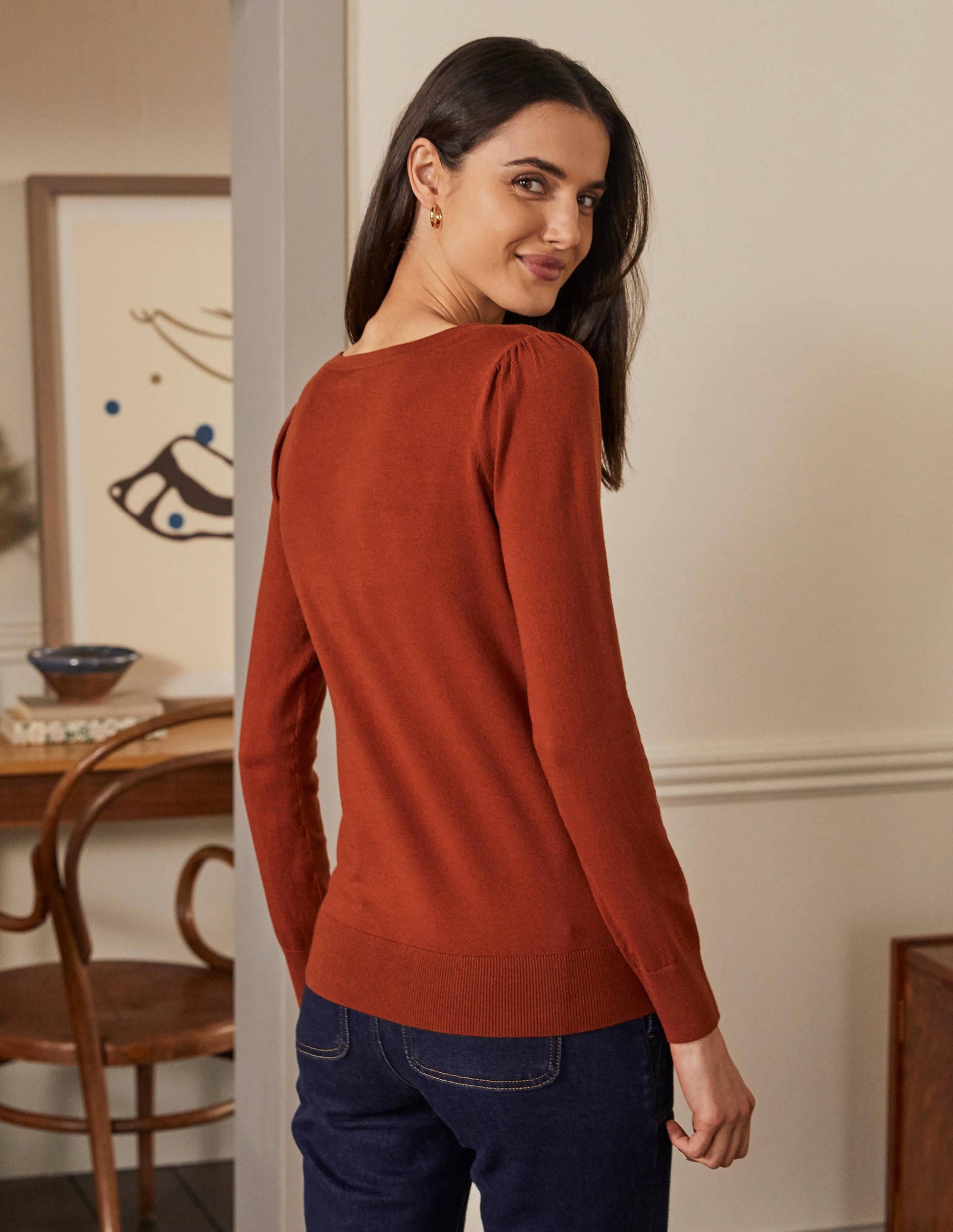 Cotton V-Neck Jumper-Rust-3
