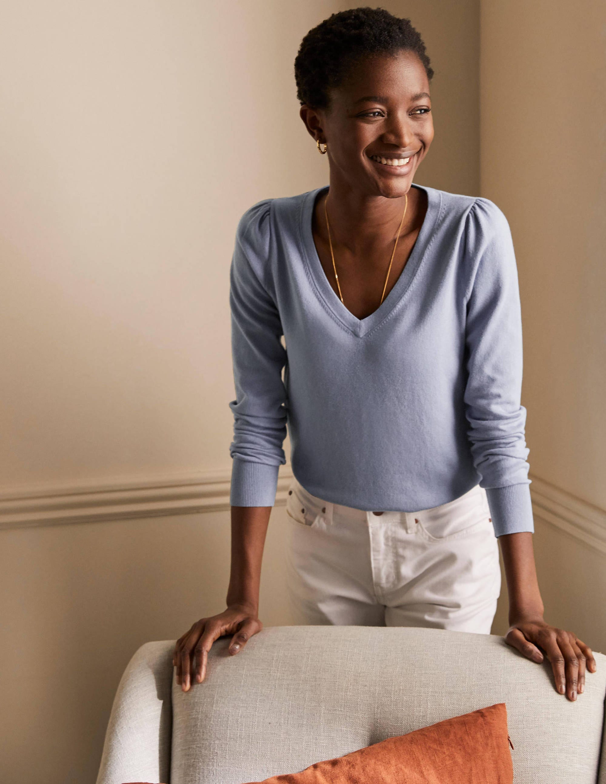 Cotton V-Neck Jumper-River - Image 1