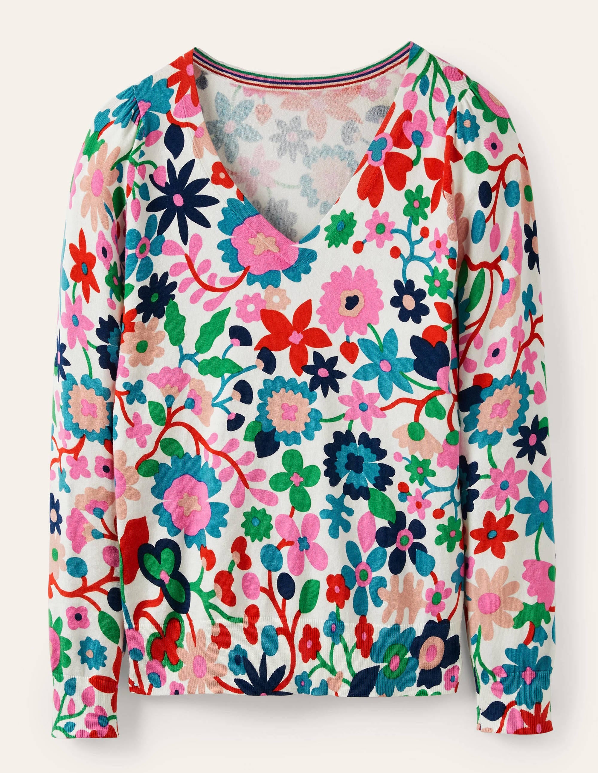 Cotton V-Neck Jumper-Ivory, Prairie Floral - Image 5