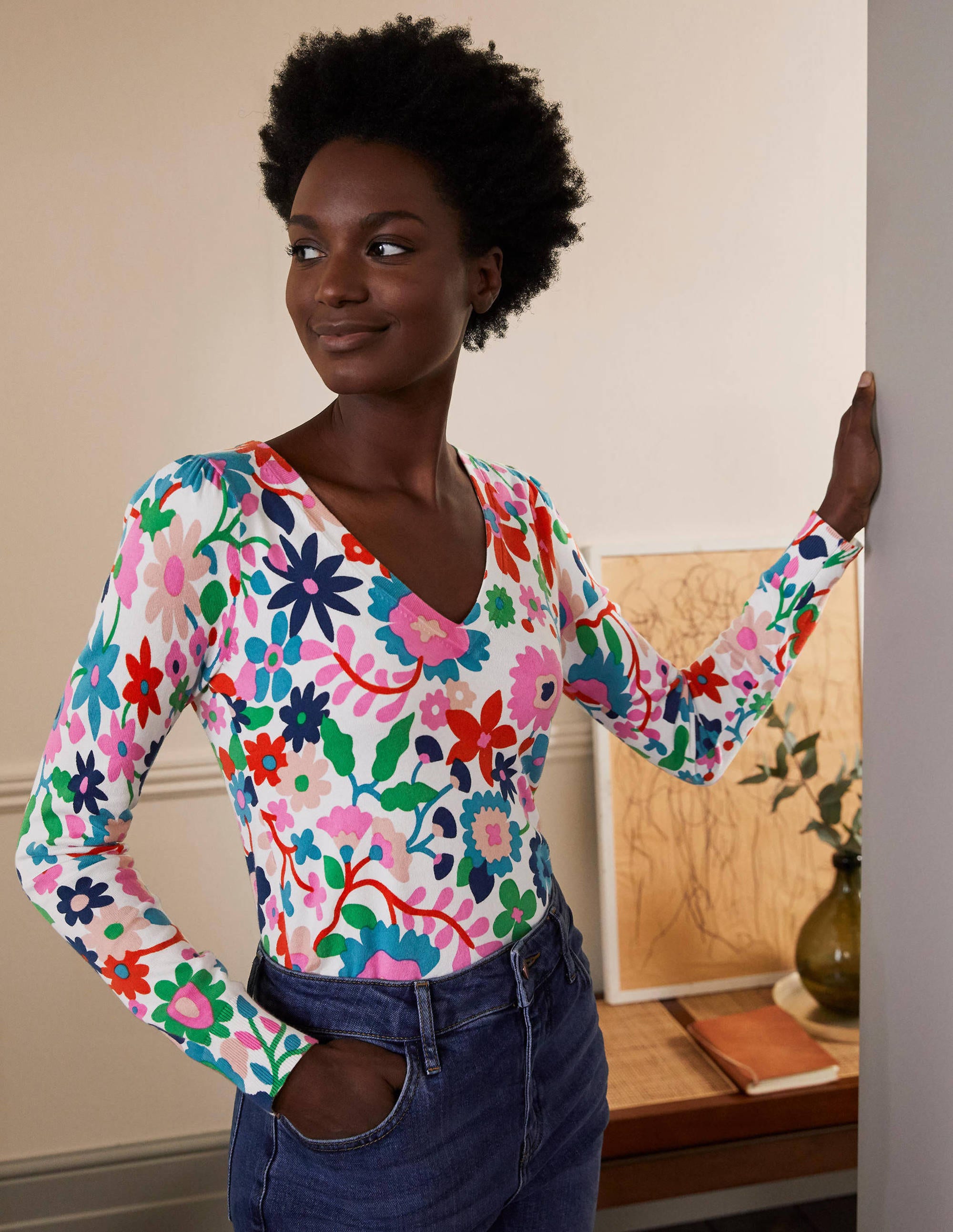 Cotton V-Neck Jumper-Ivory, Prairie Floral - Image 1