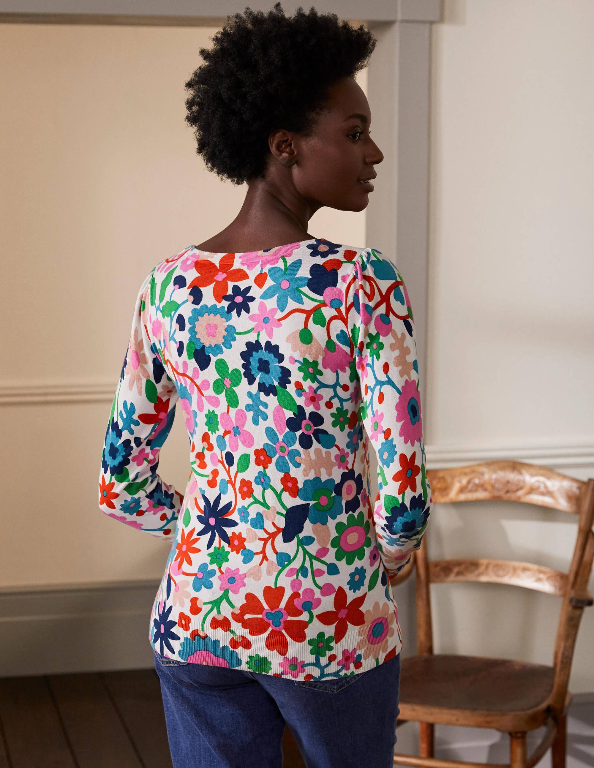 Cotton V-Neck Jumper-Ivory, Prairie Floral - Image 3