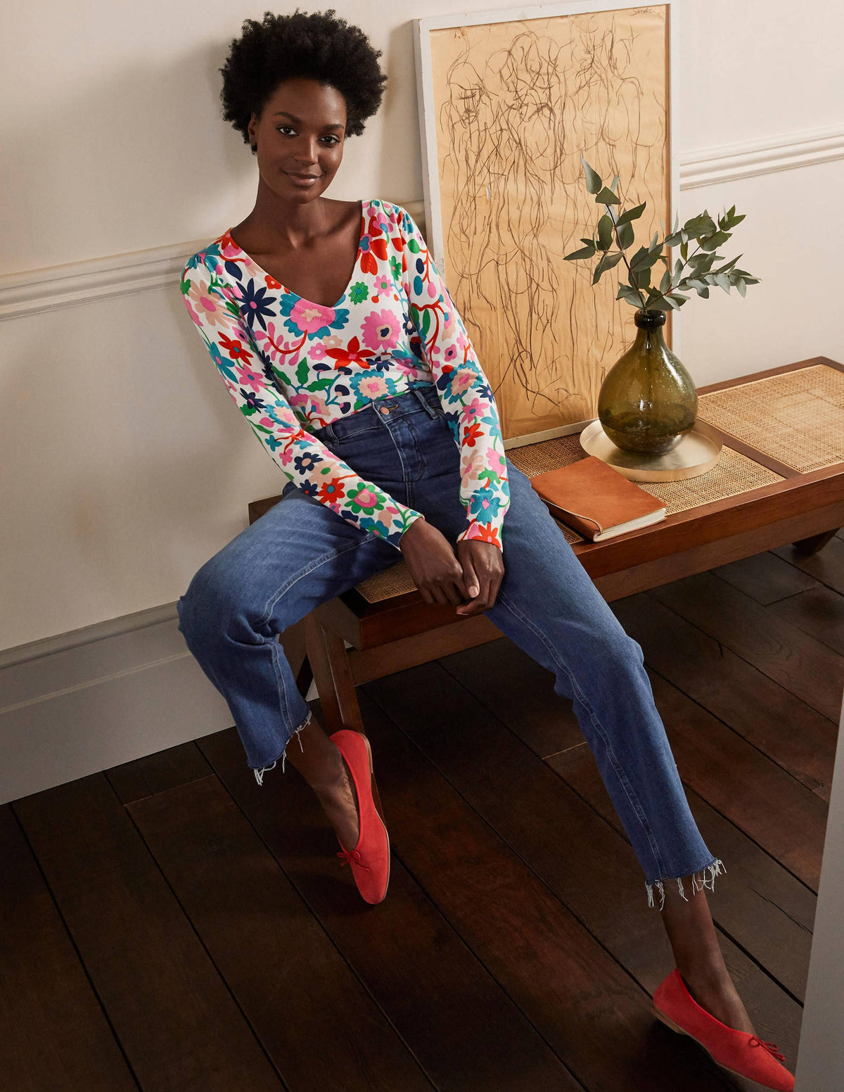 Cotton V-Neck Jumper-Ivory, Prairie Floral - Image 4