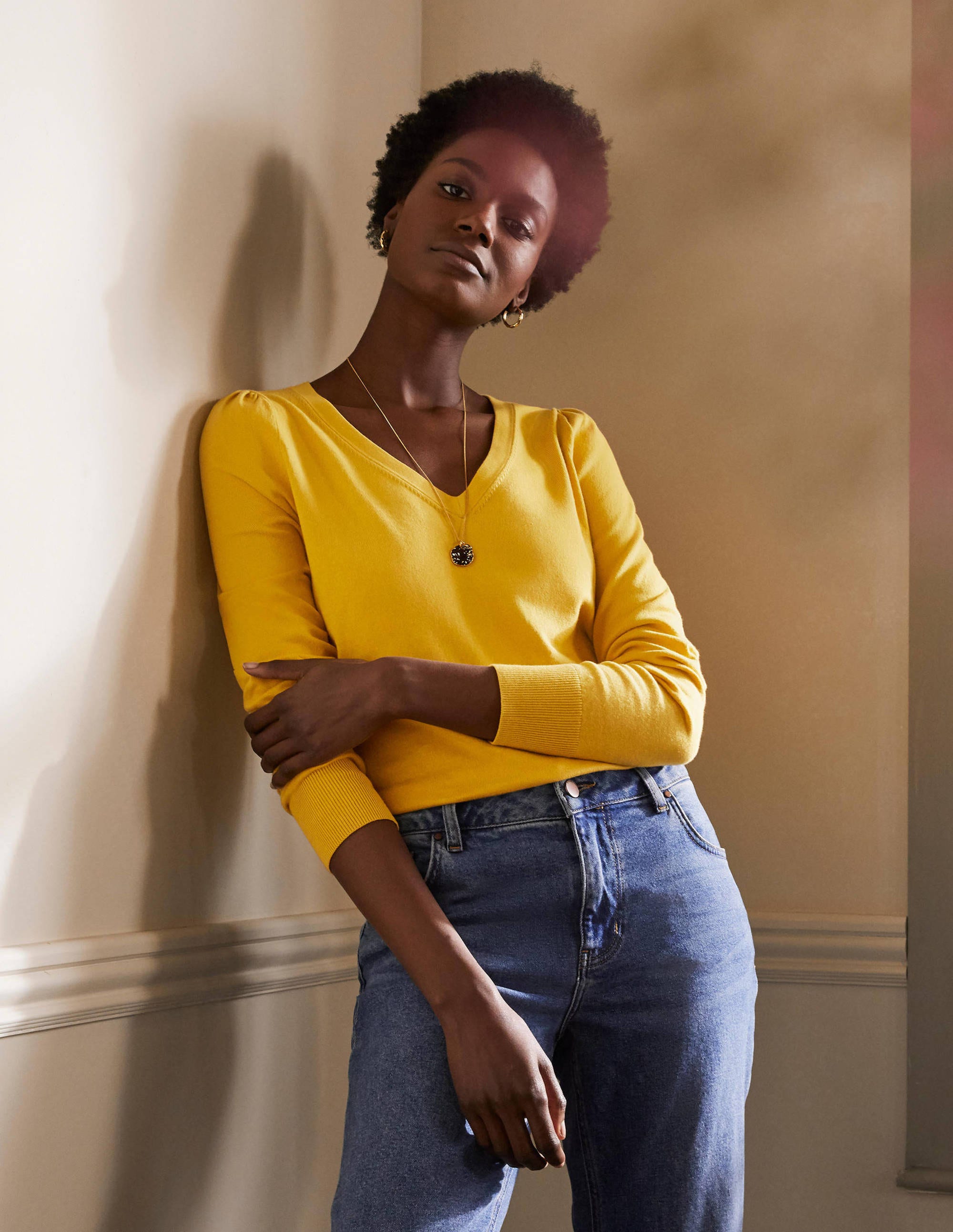 Cotton V-Neck Jumper-Honey Gold - Image 1
