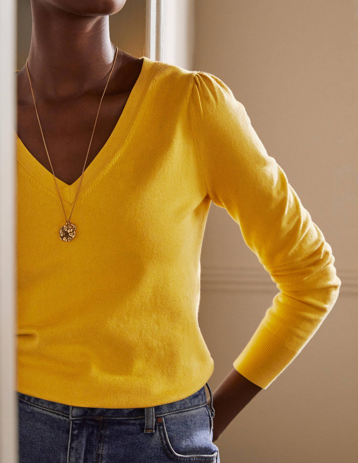 Cotton V-Neck Jumper-Honey Gold - Image 2