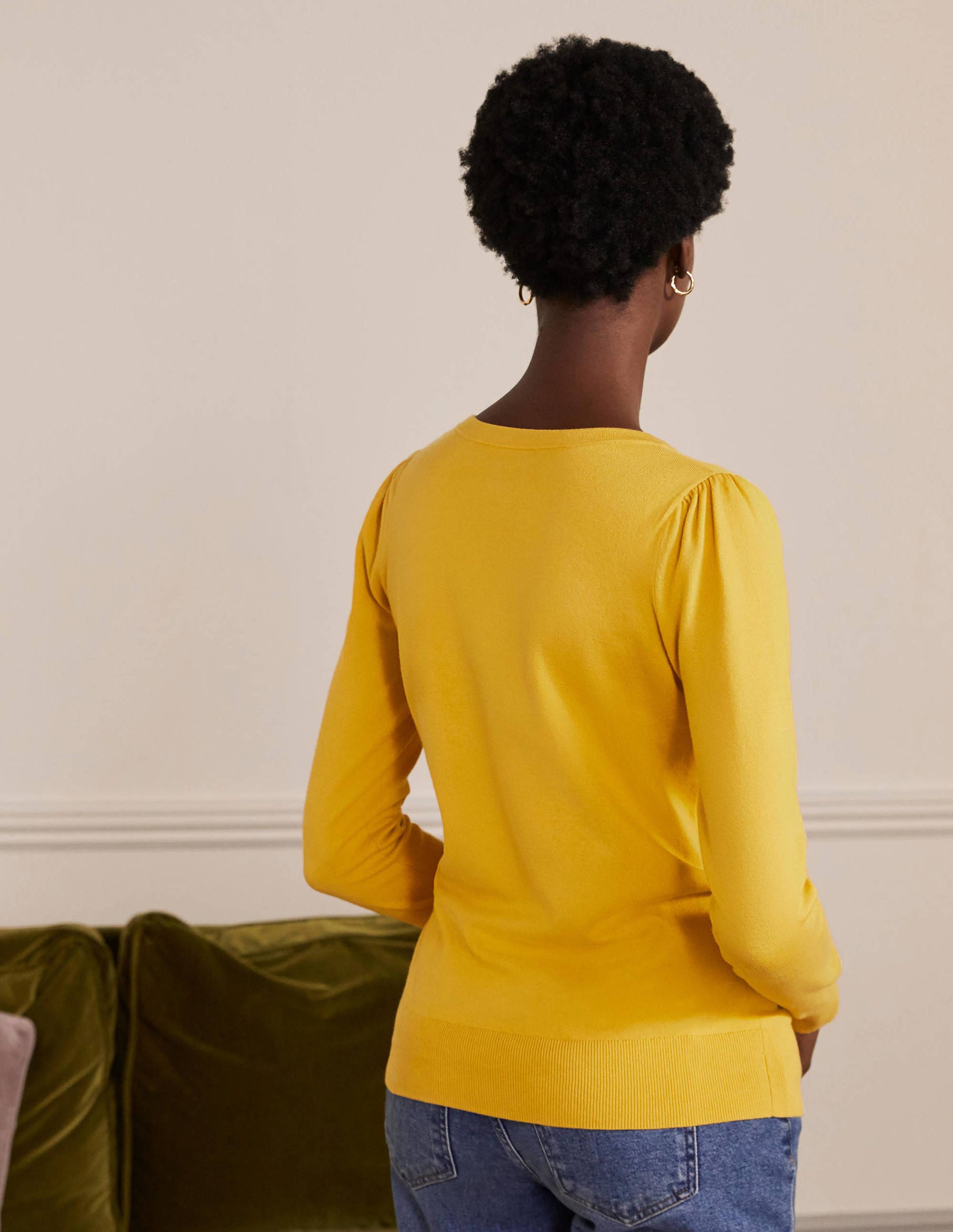 Cotton V-Neck Jumper-Honey Gold - Image 3