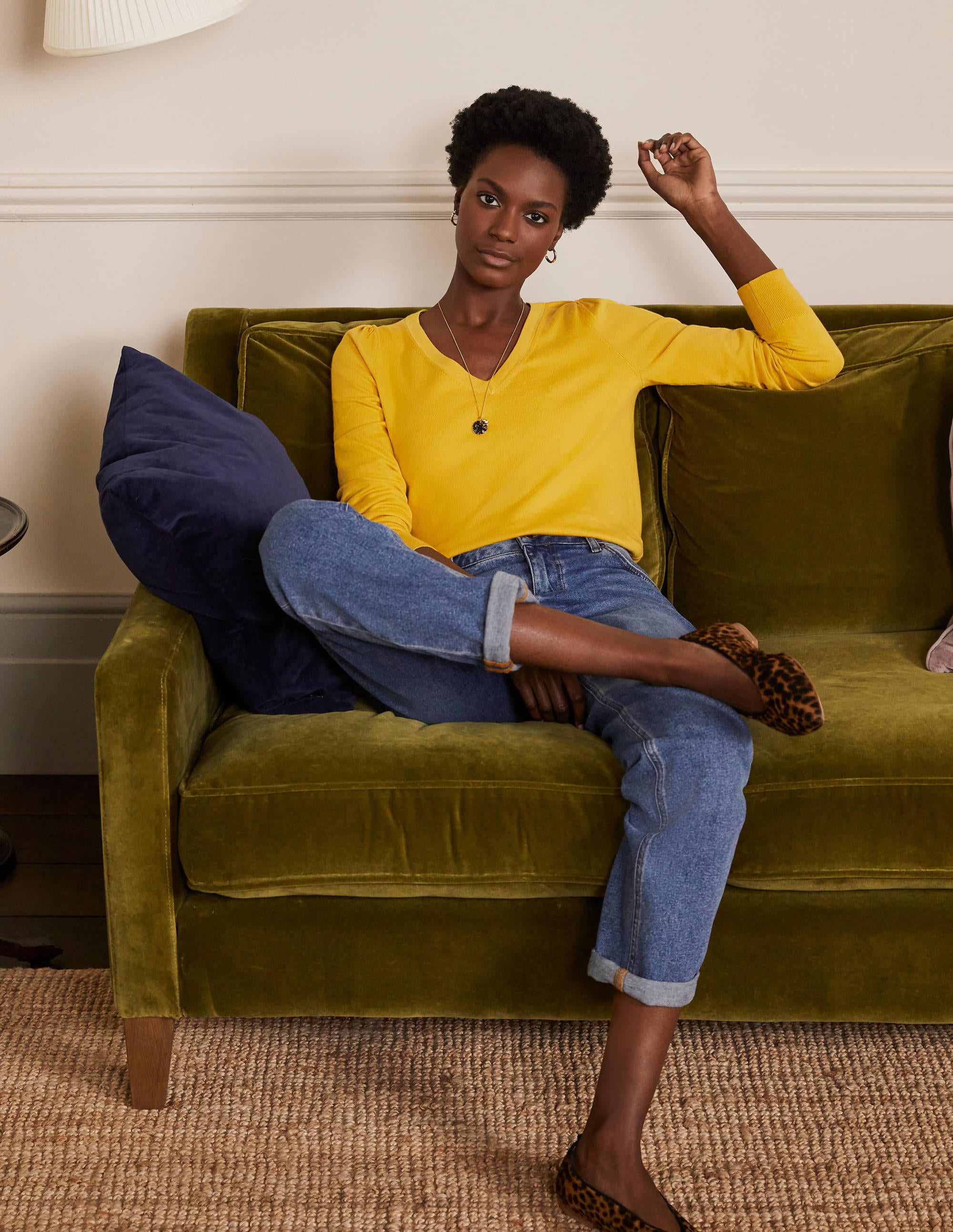 Cotton V-Neck Jumper-Honey Gold - Image 4