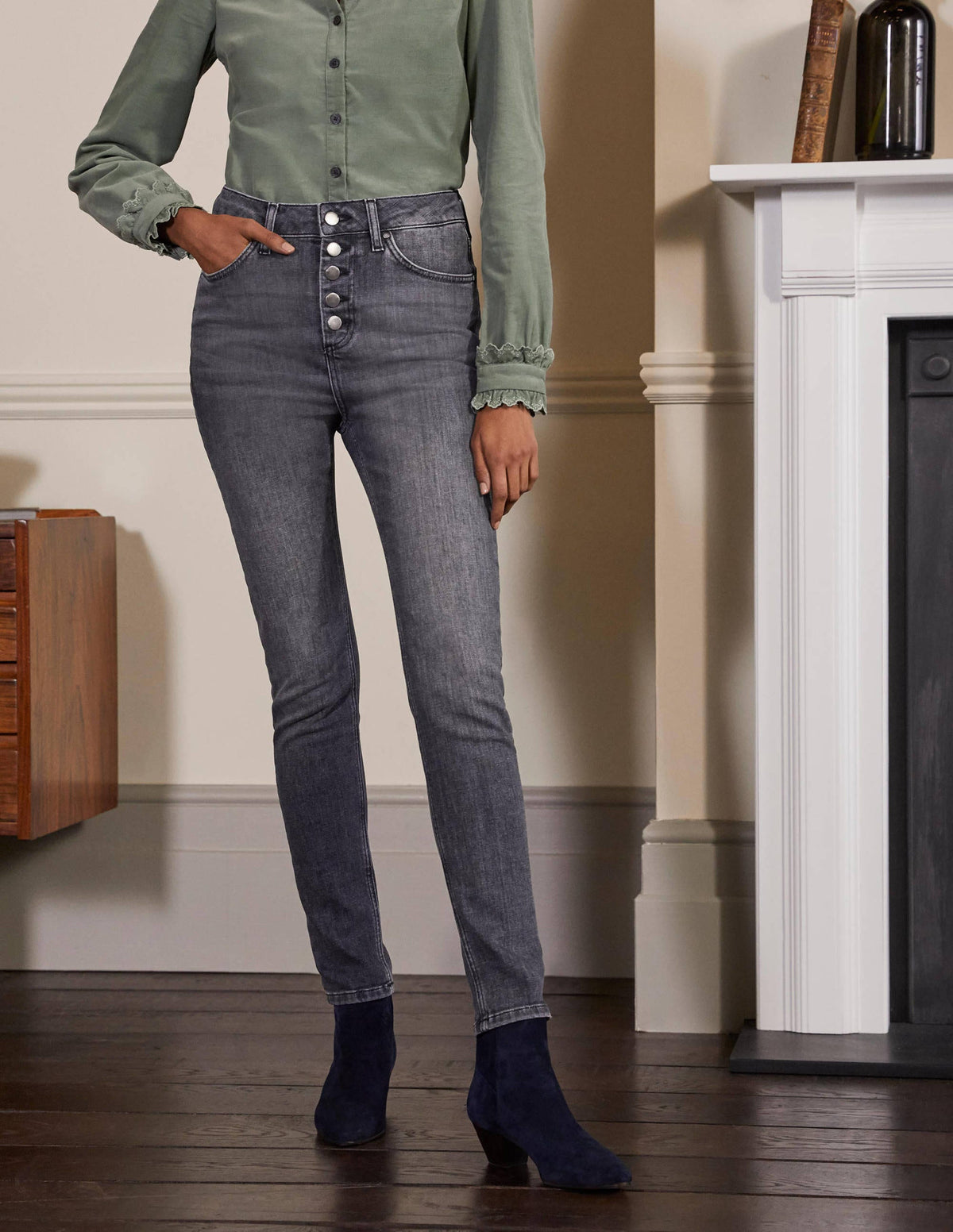 Button Fly Skinny Jeans-Authentic Grey - Image 3