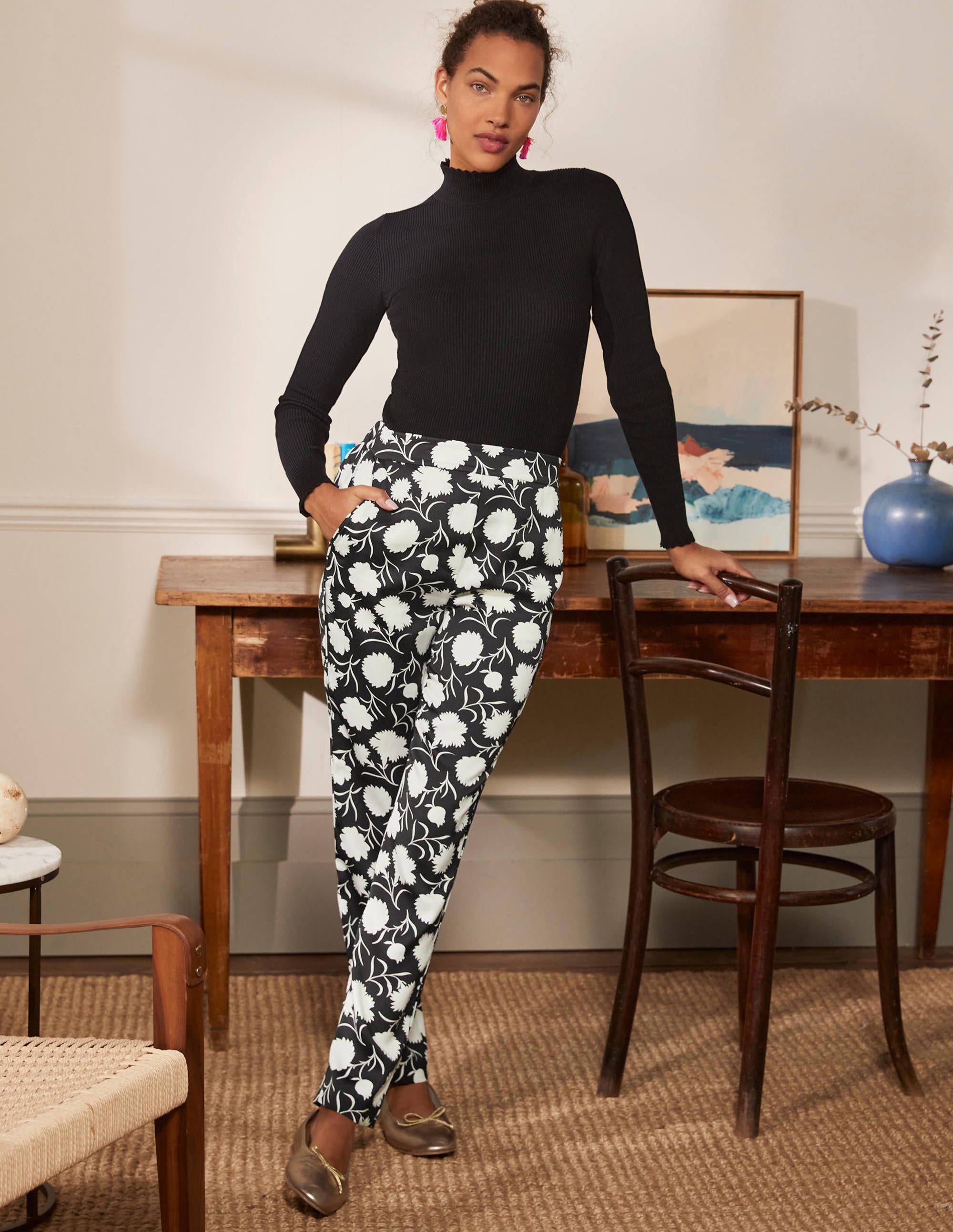 Ludlow Satin Trousers-Black, Leafy Bud - Image 1
