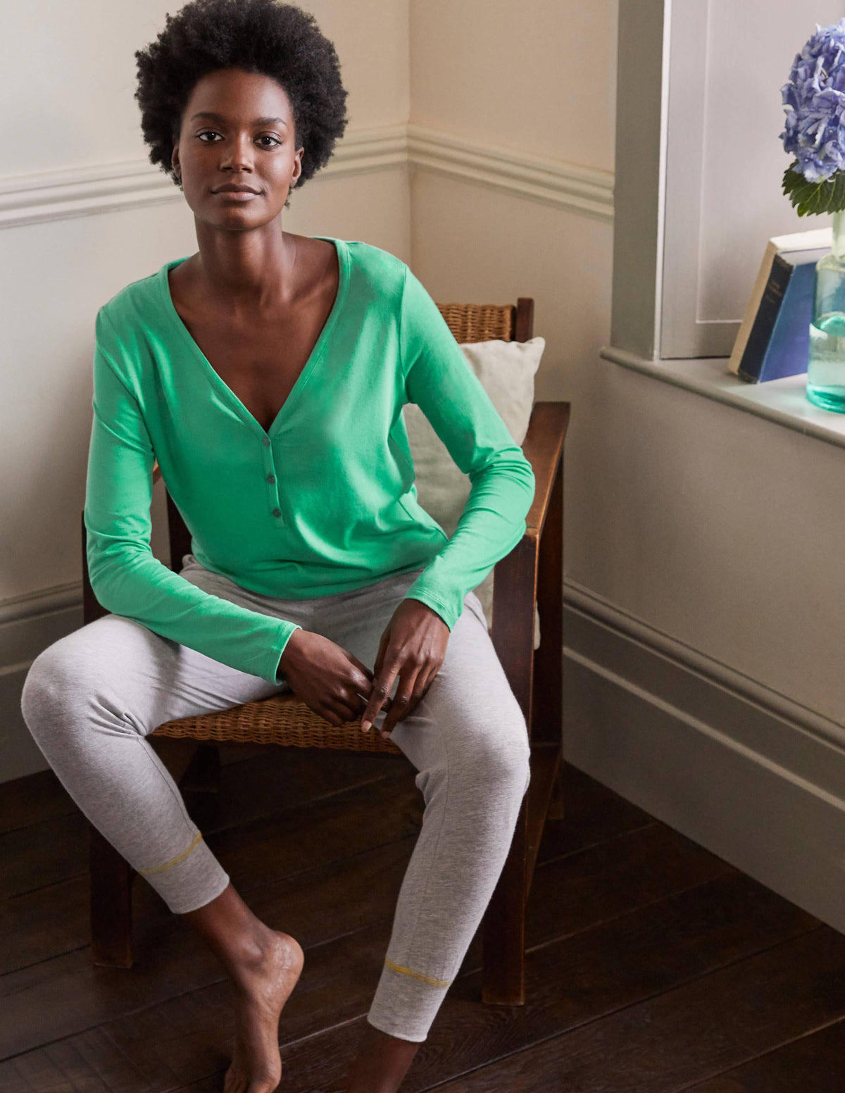 Emma Long Sleeve Pyjama Top-Leafy Green - Image 4