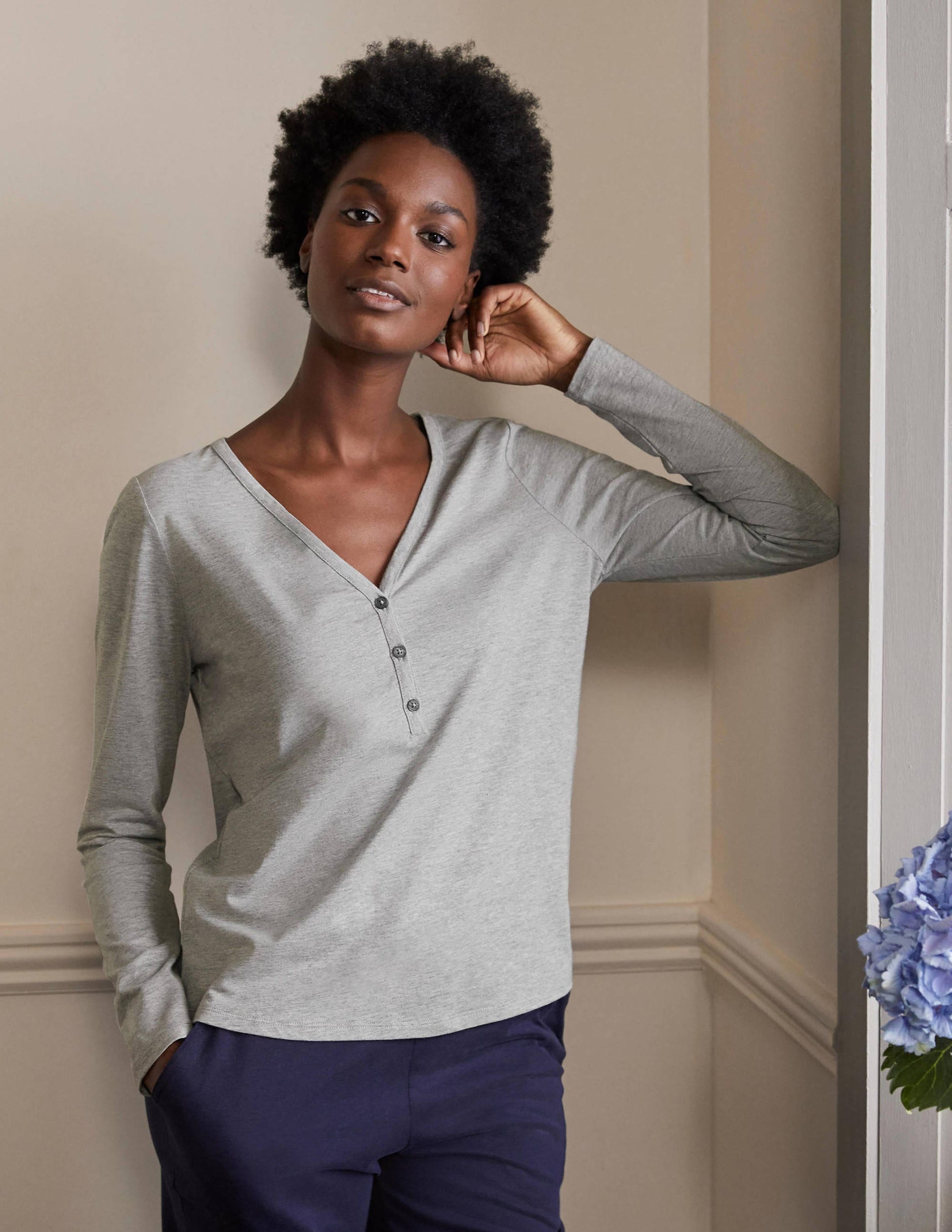 Emma Long Sleeve Pyjama Top-Grey Marl-1