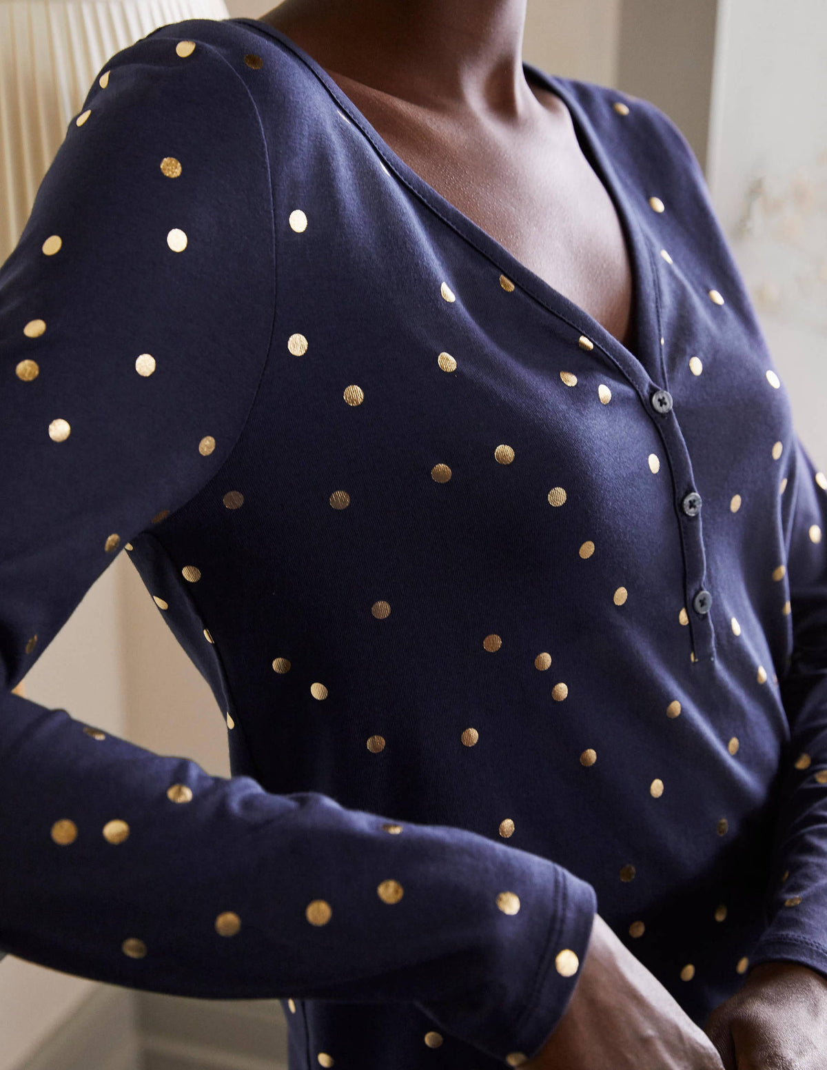 Emma Long Sleeve Pyjama Top-Navy, Scattered Spot-1