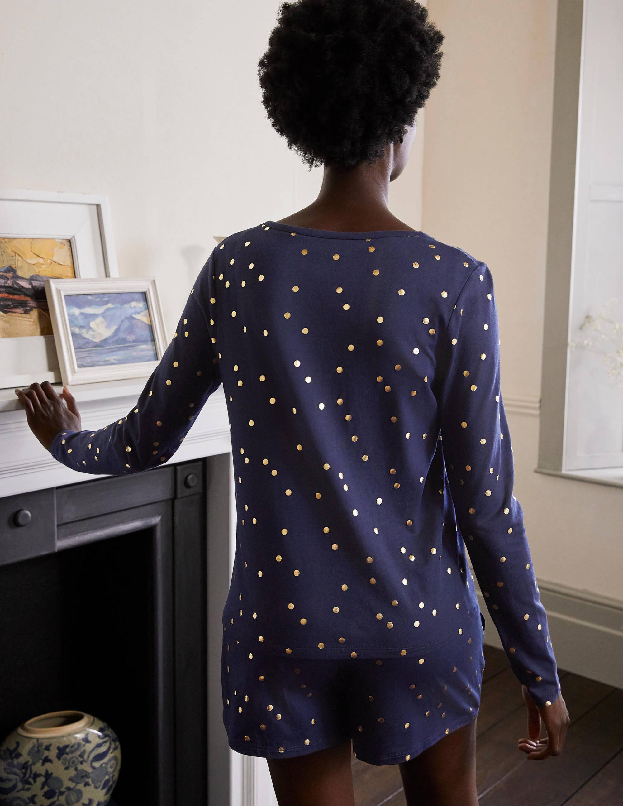 Emma Long Sleeve Pyjama Top-Navy, Scattered Spot - Image 2