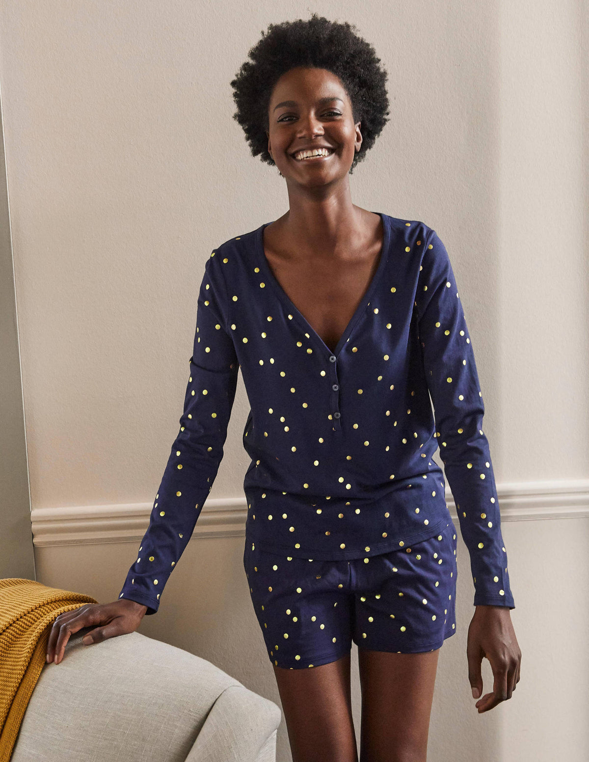 Emma Long Sleeve Pyjama Top-Navy, Scattered Spot - Image 3