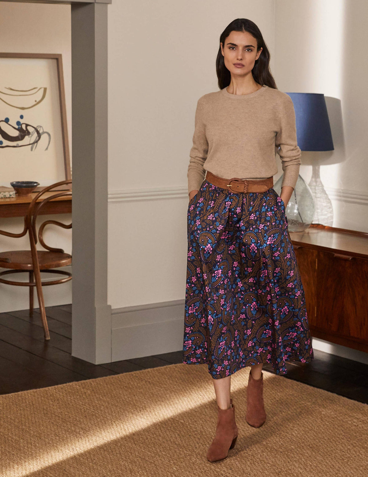Cotton Sateen Skirt-French Navy, Floral Paisley-4