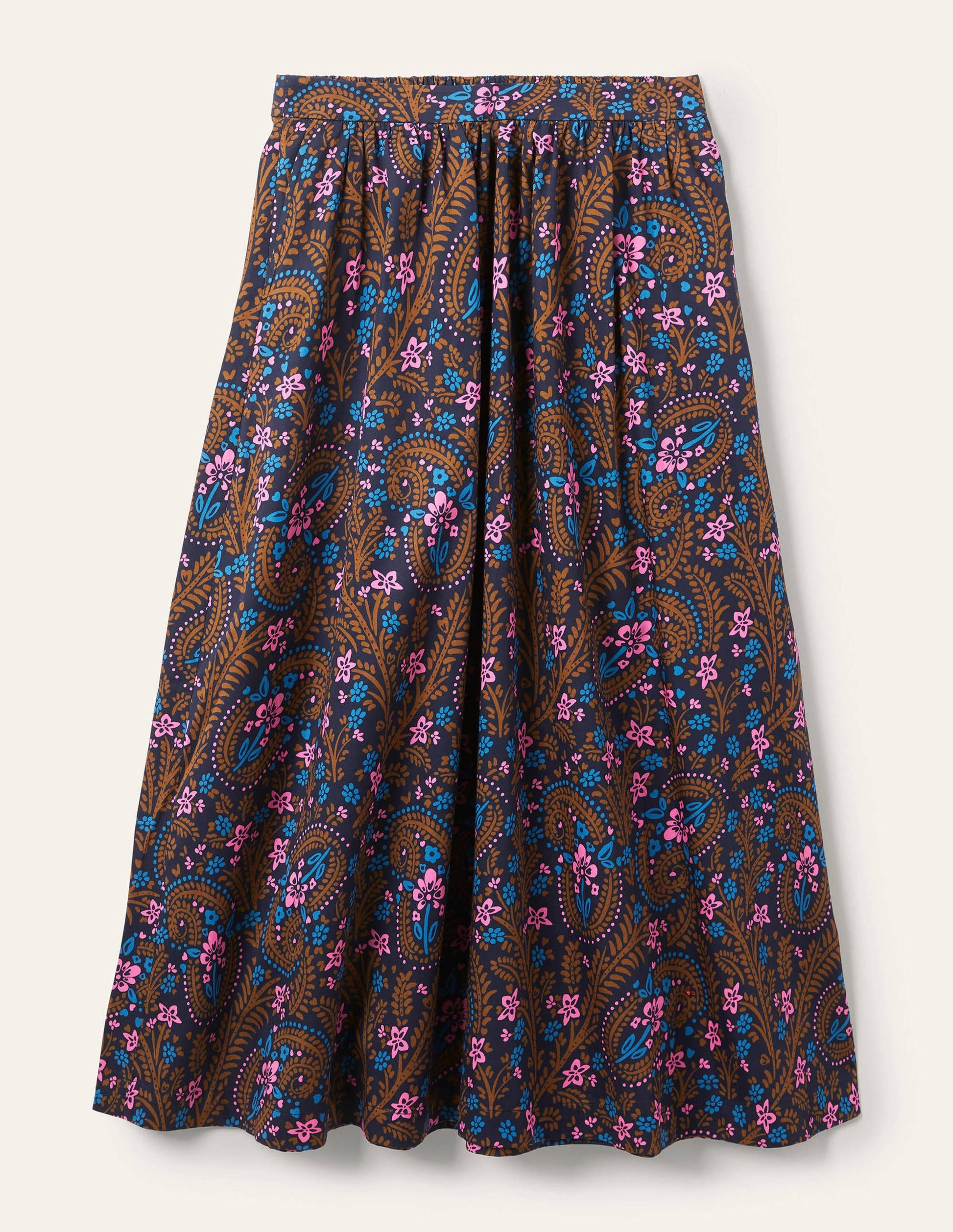 Cotton Sateen Skirt-French Navy, Floral Paisley-5