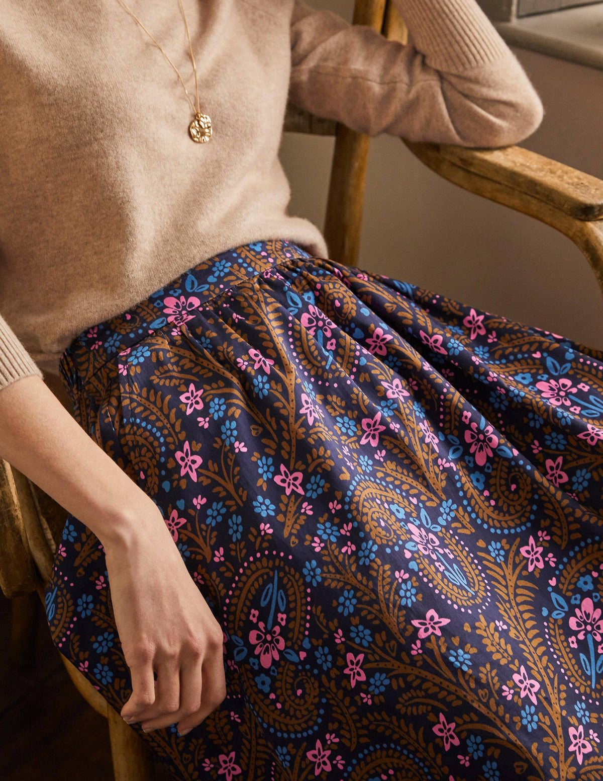 Cotton Sateen Skirt-French Navy, Floral Paisley - Image 1