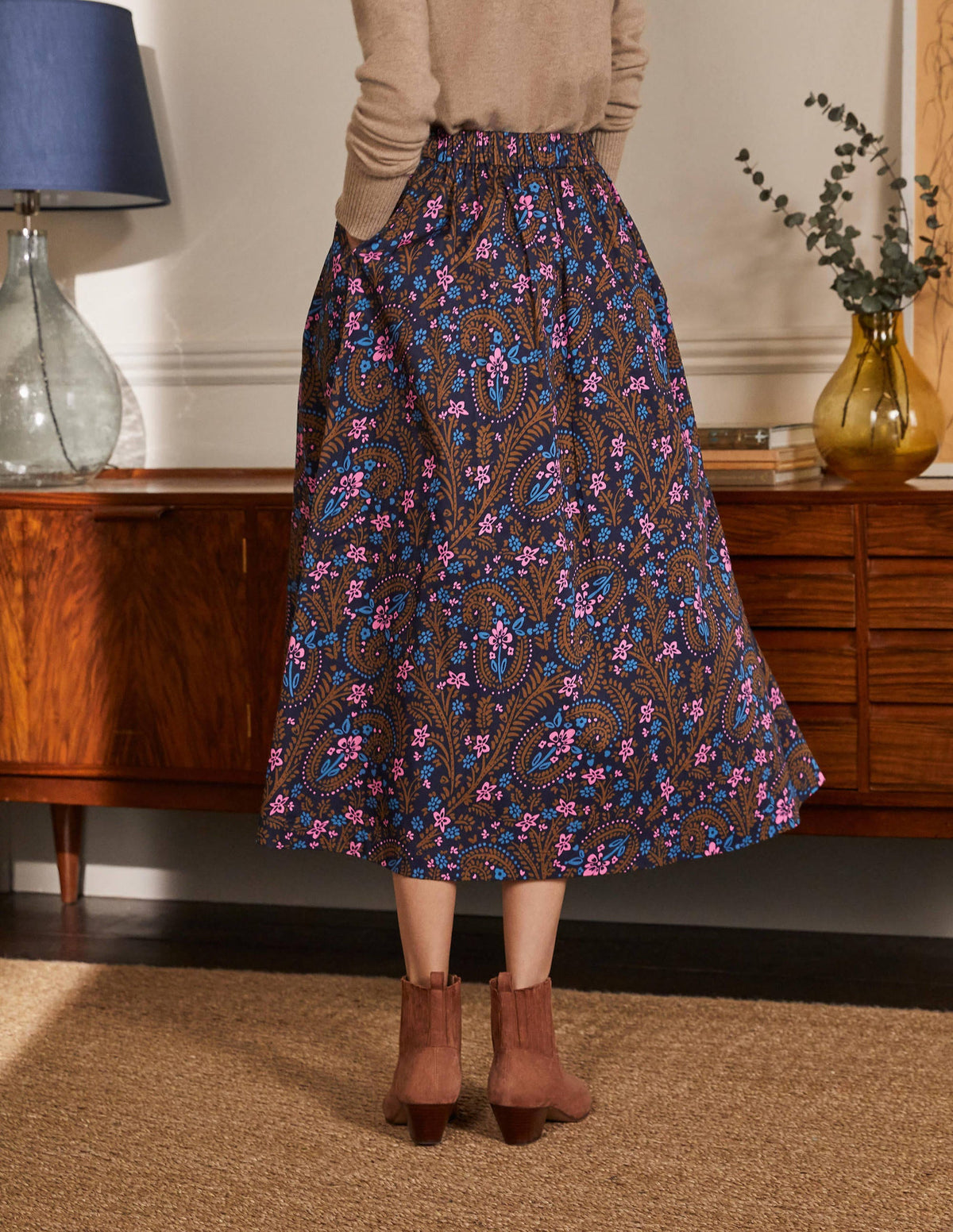 Cotton Sateen Skirt-French Navy, Floral Paisley - Image 2