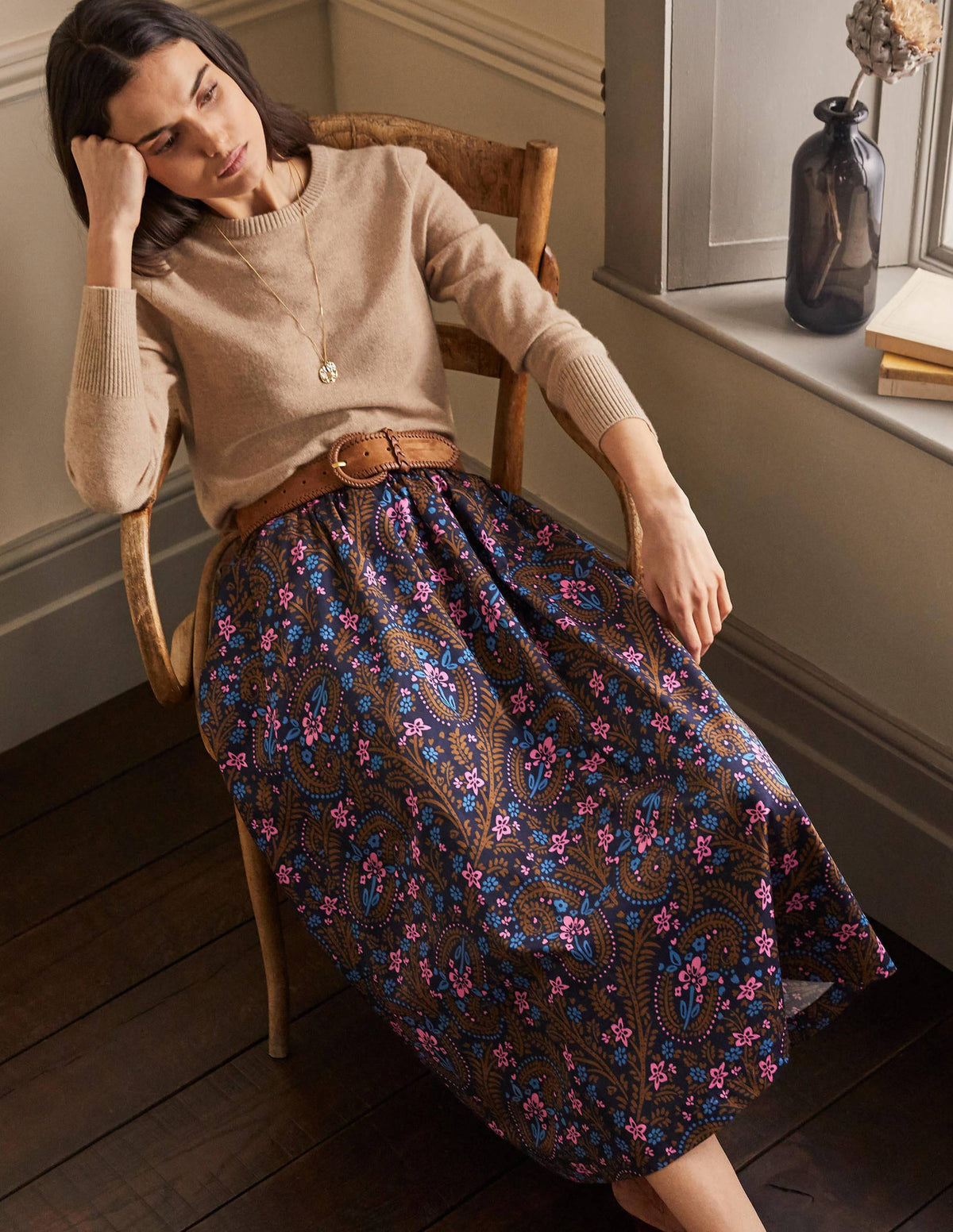 Cotton Sateen Skirt-French Navy, Floral Paisley-3
