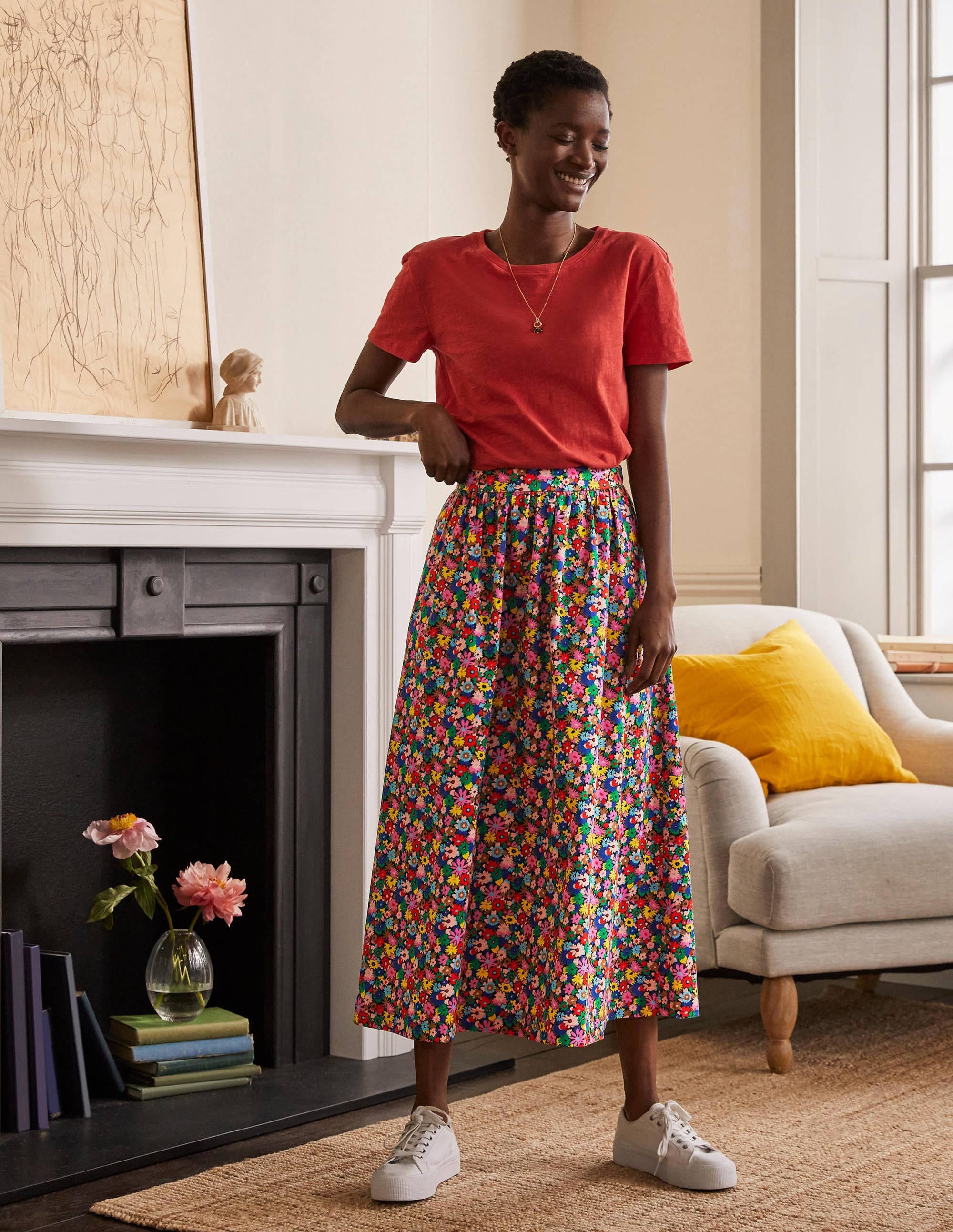 Cotton Sateen Skirt-Cherry Red, Paintbox Ditsy - Image 5