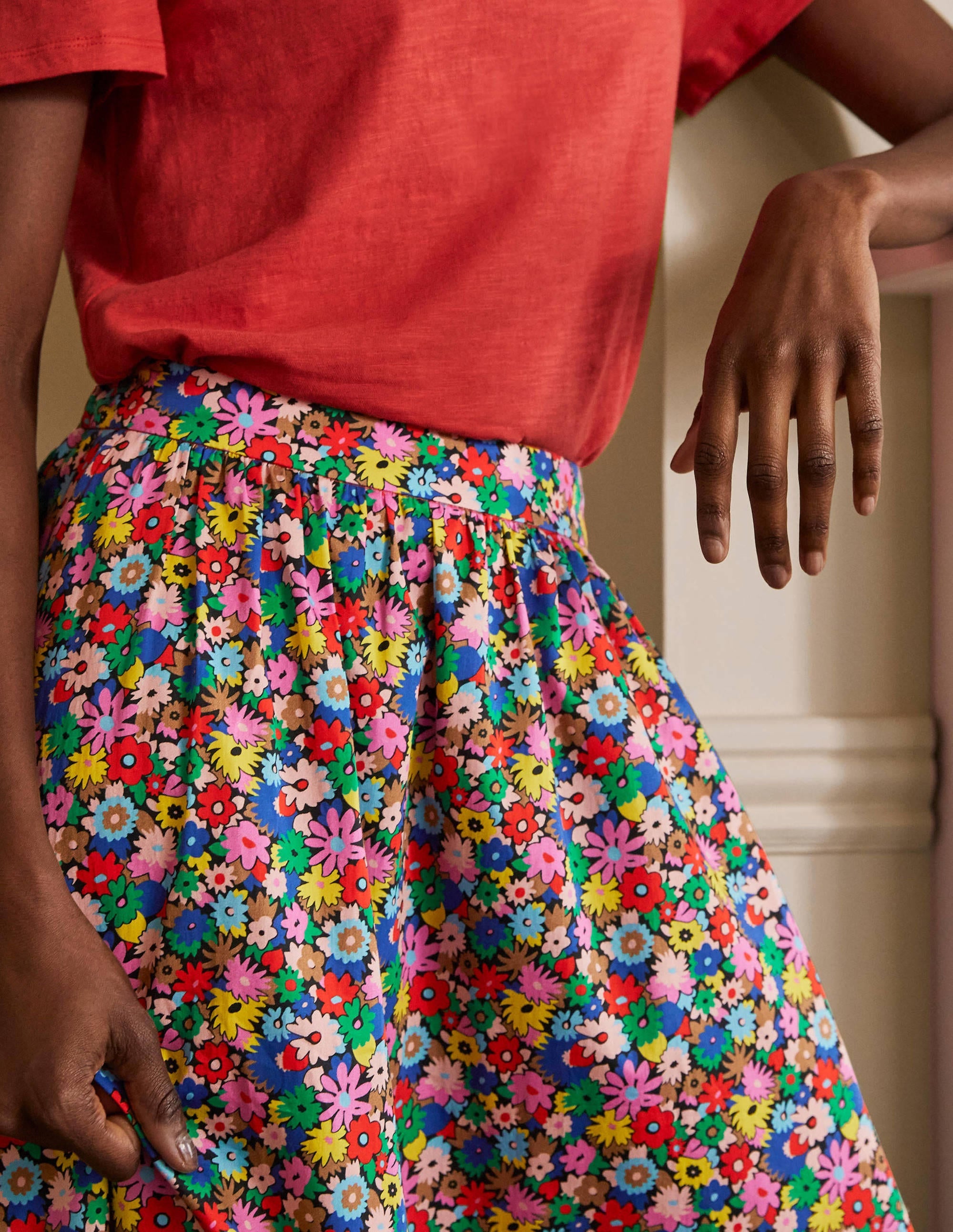 Cotton Sateen Skirt-Cherry Red, Paintbox Ditsy - Image 1