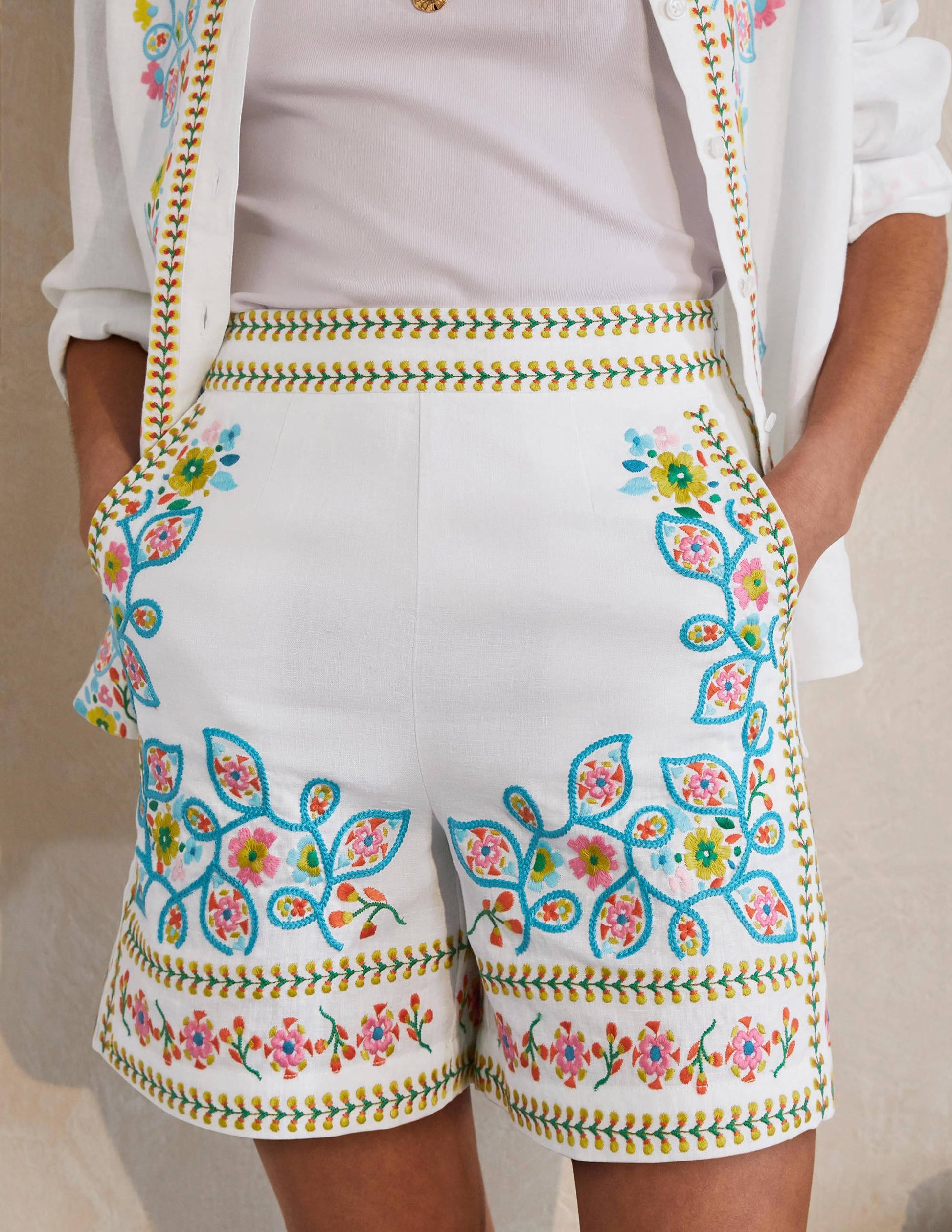 Georgina Linen Shorts-White, Embroidery-4