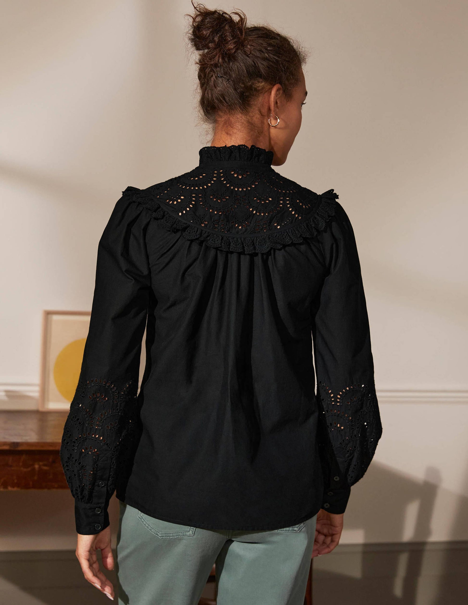 Broderie Frill Cotton Shirt-Black-2