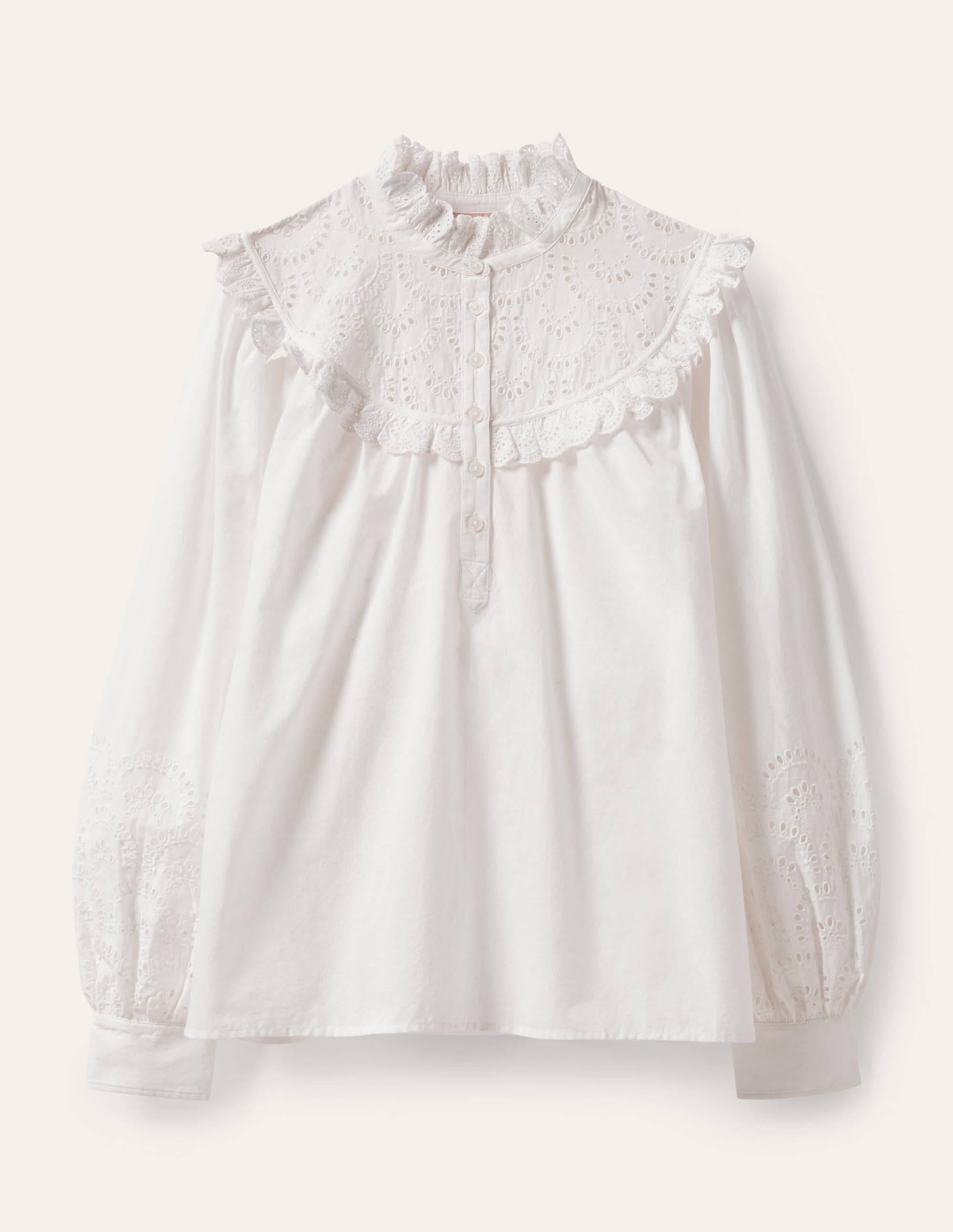 Broderie Frill Cotton Shirt-White - Image 7