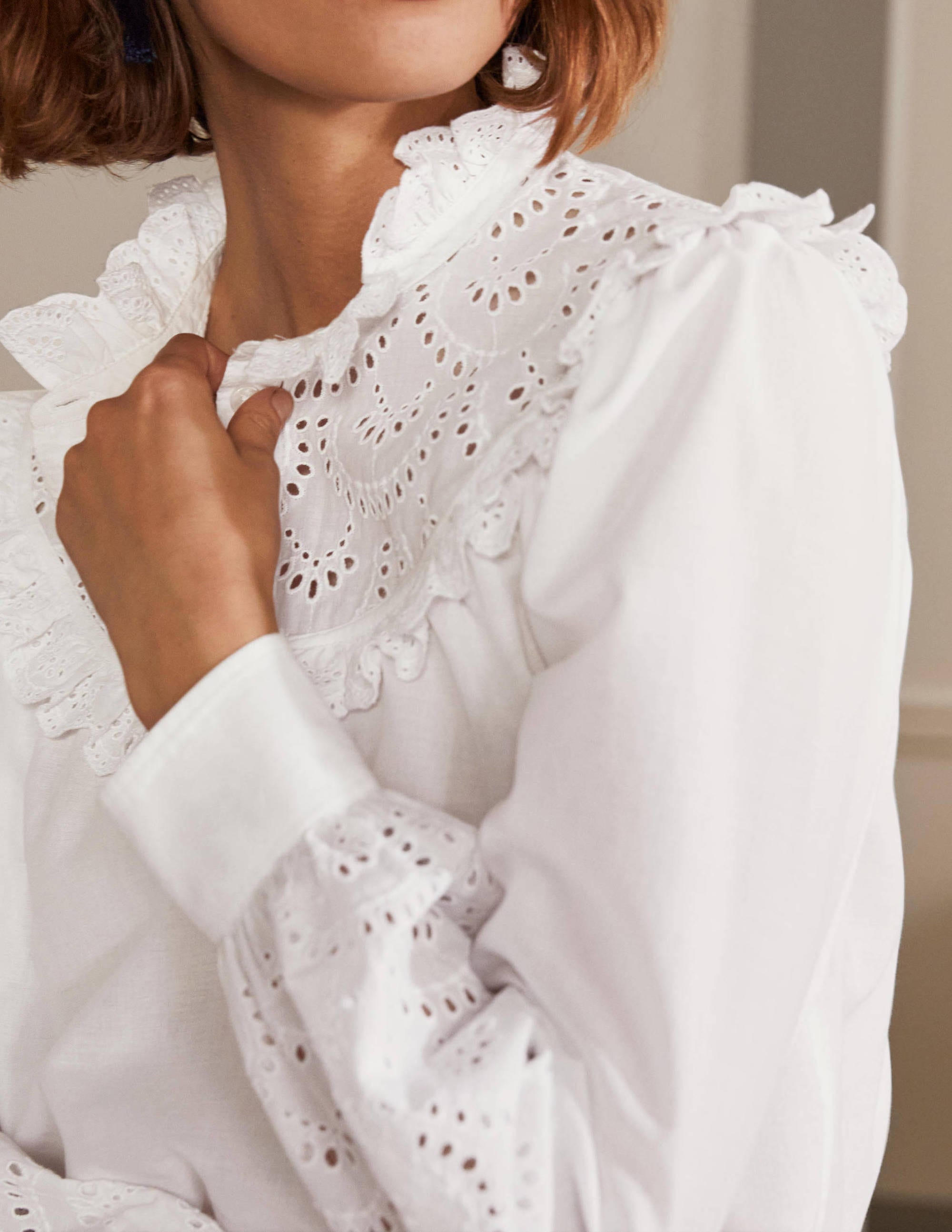 Broderie Frill Cotton Shirt-White - Image 1