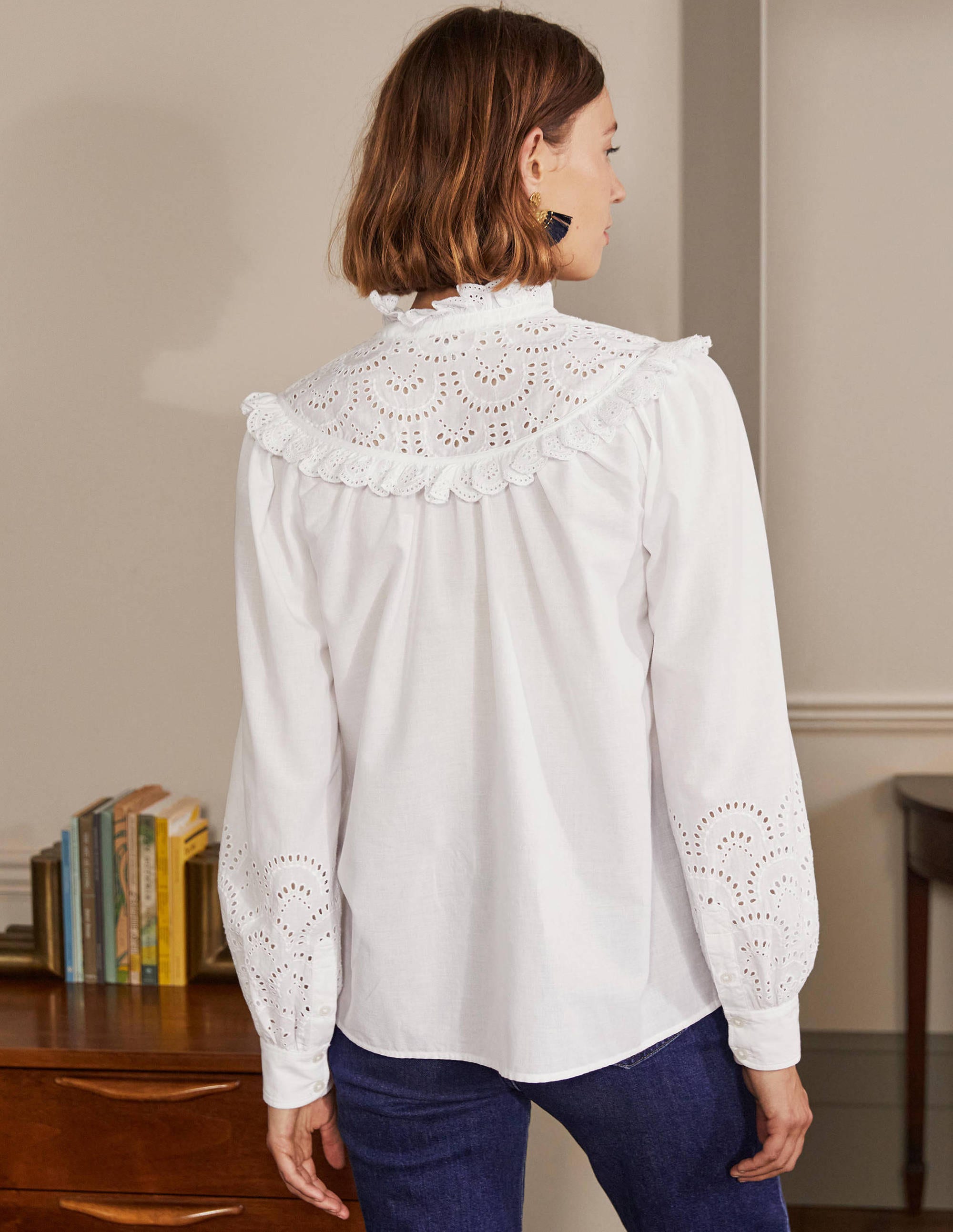 Broderie Frill Cotton Shirt-White - Image 2
