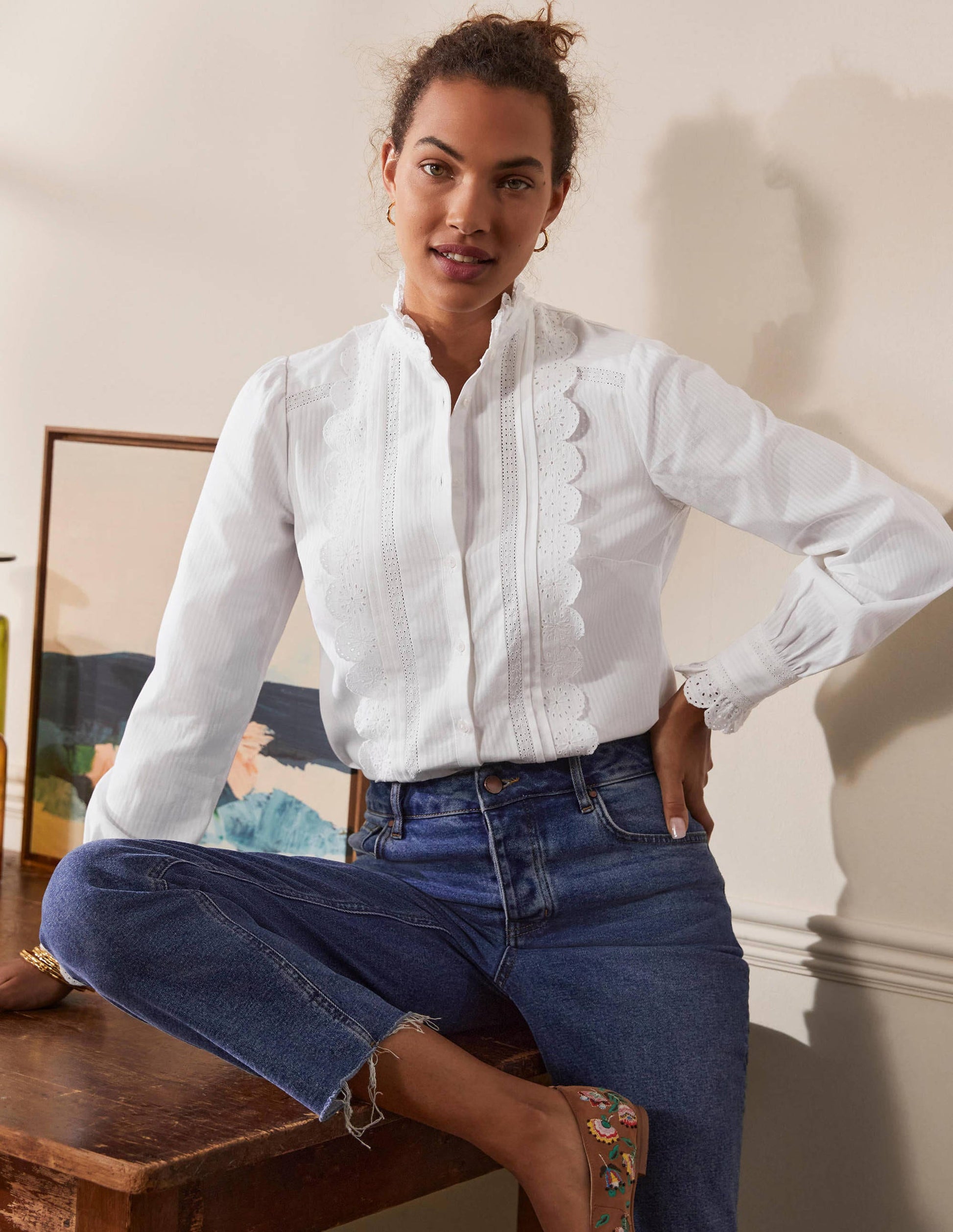 Broderie Ruffle Cotton Shirt-White-5