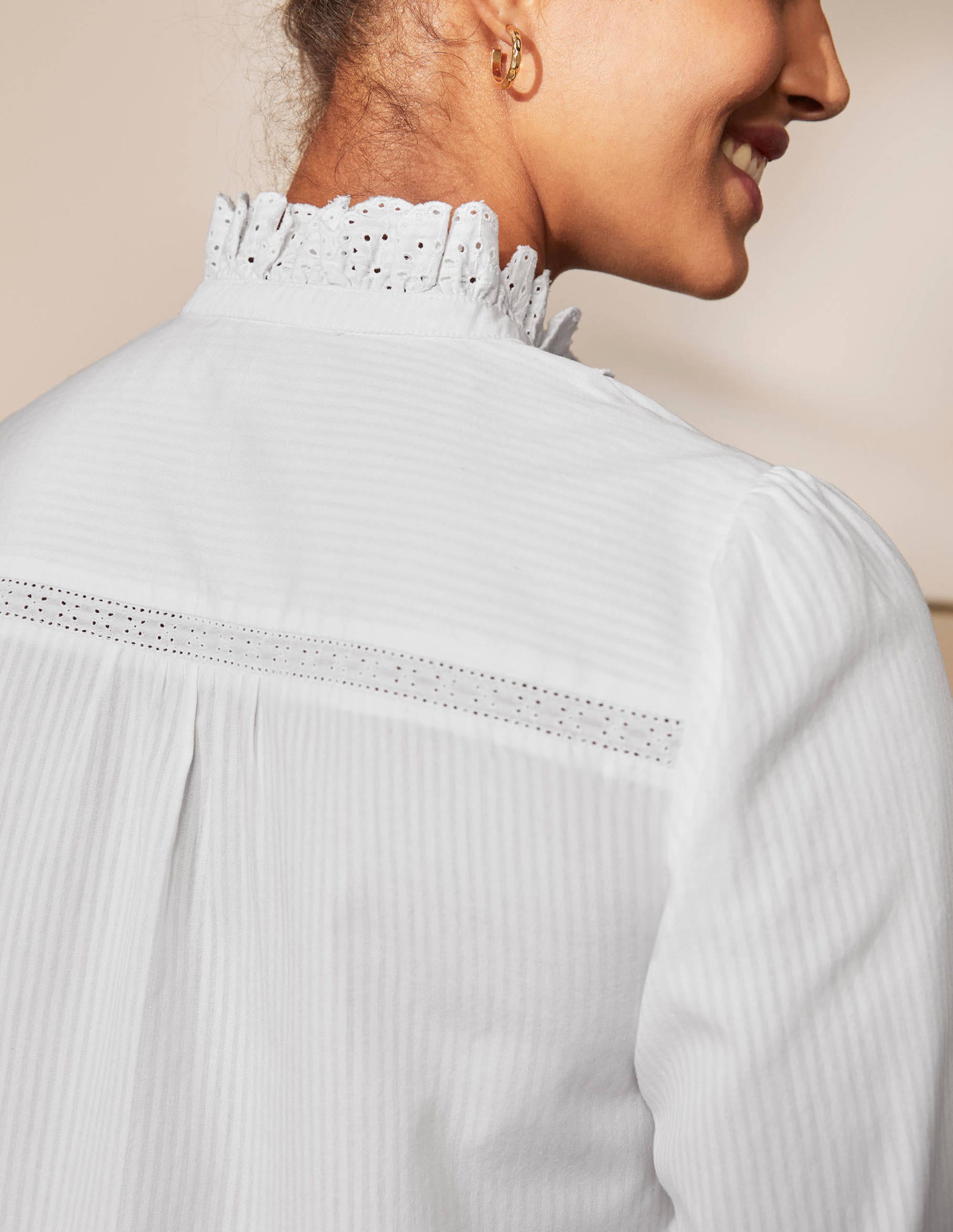 Broderie Ruffle Cotton Shirt-White - Image 1