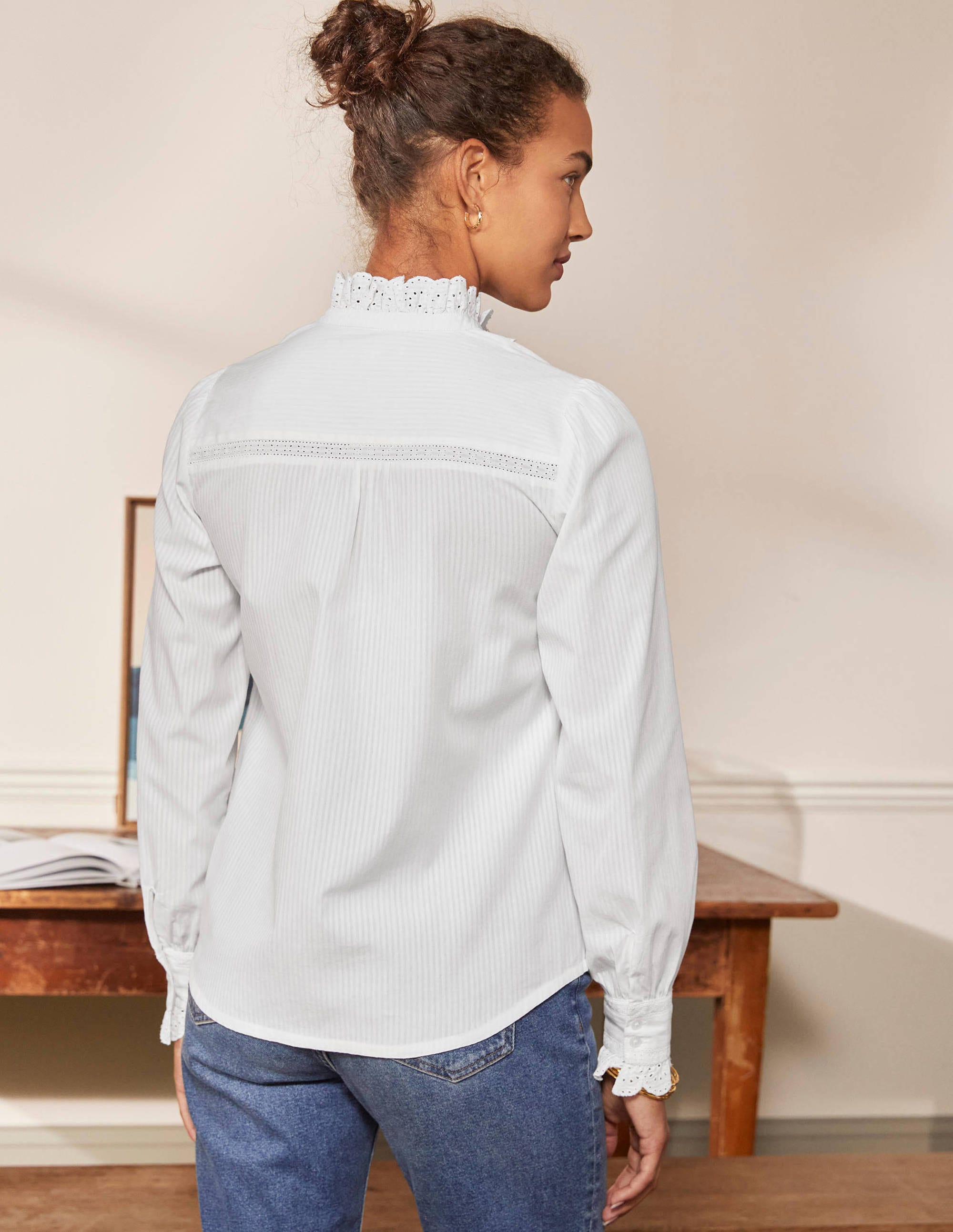 Broderie Ruffle Cotton Shirt-White - Image 2