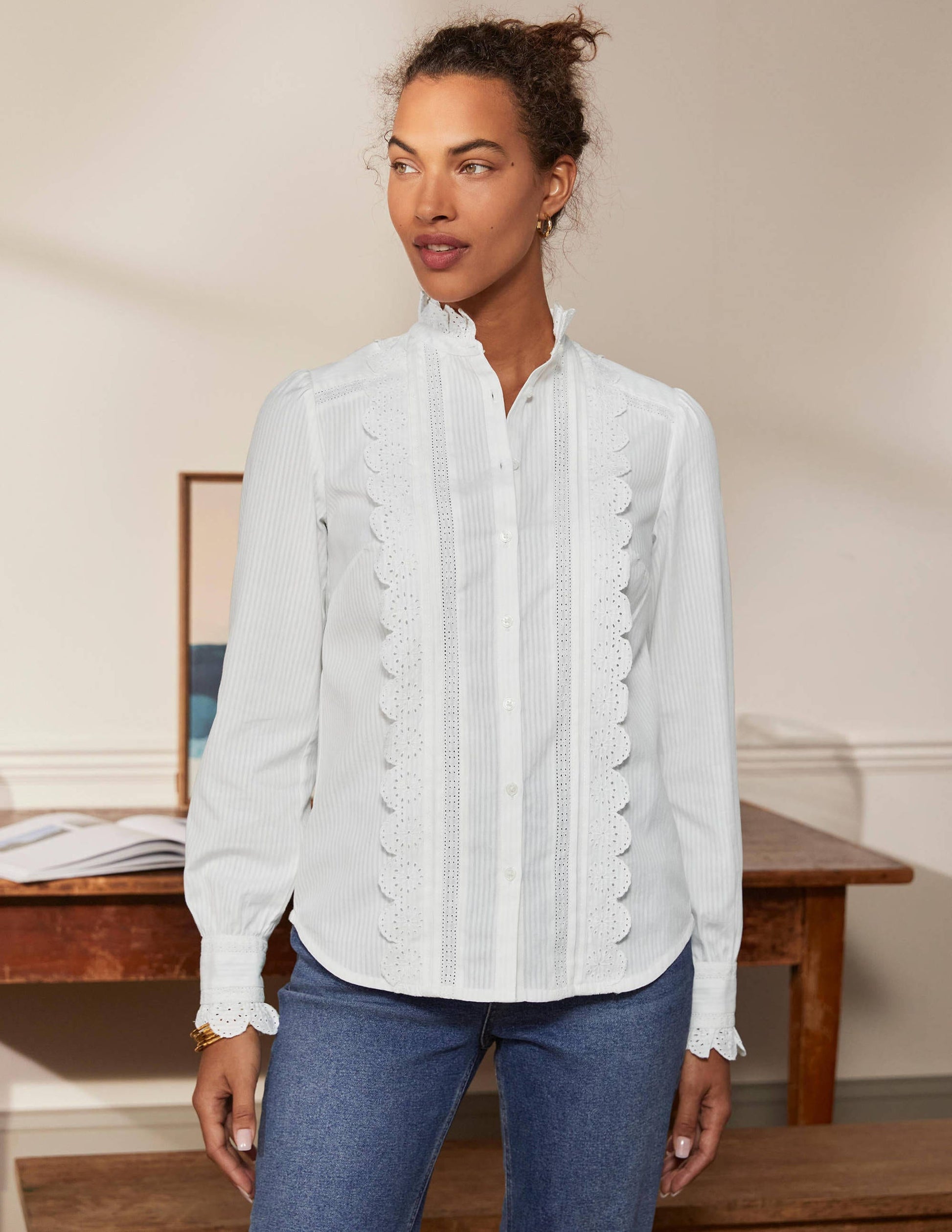 Broderie Ruffle Cotton Shirt-White-3