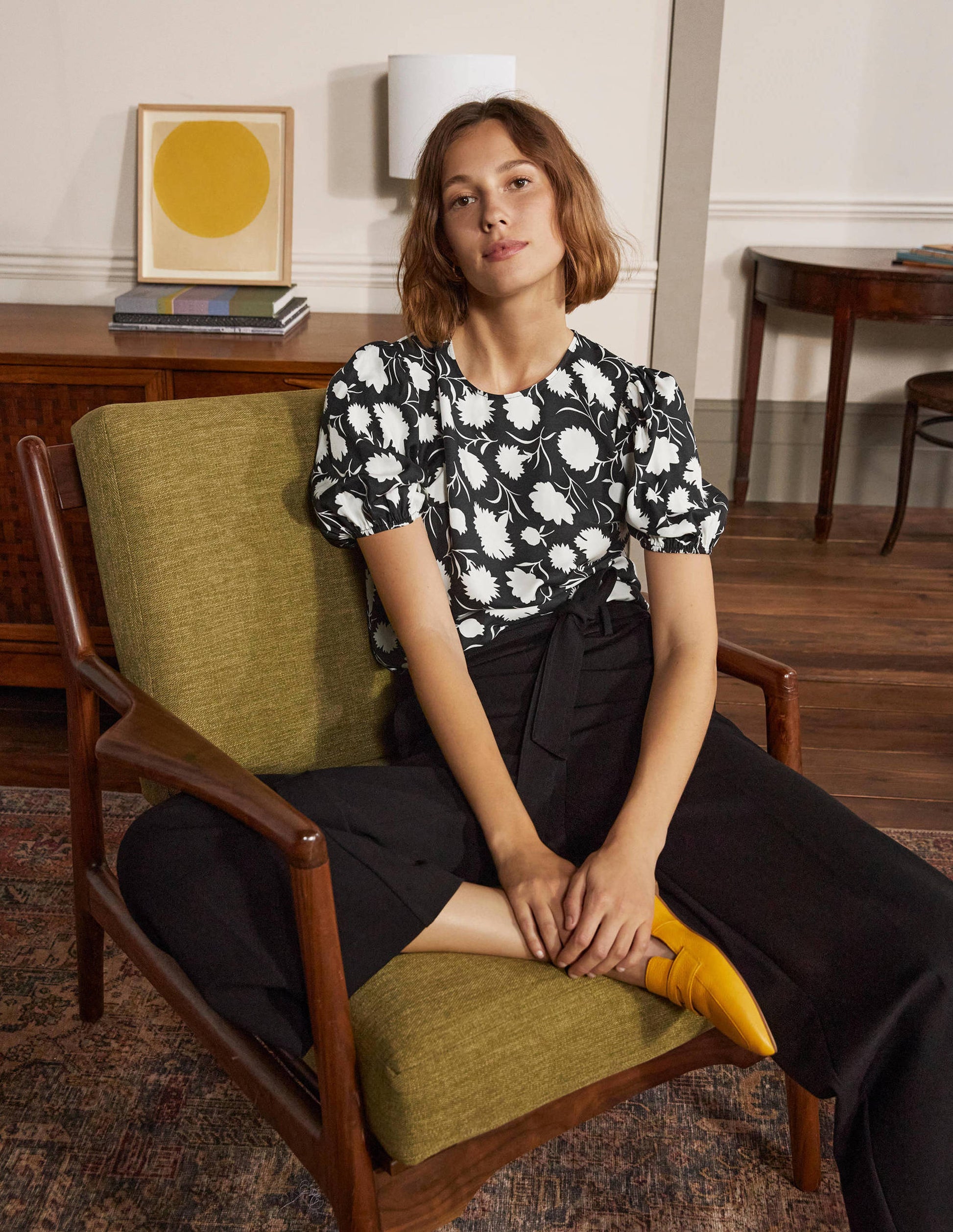 Adriana Puff Sleeve Top-Black, Leafy Bud-4