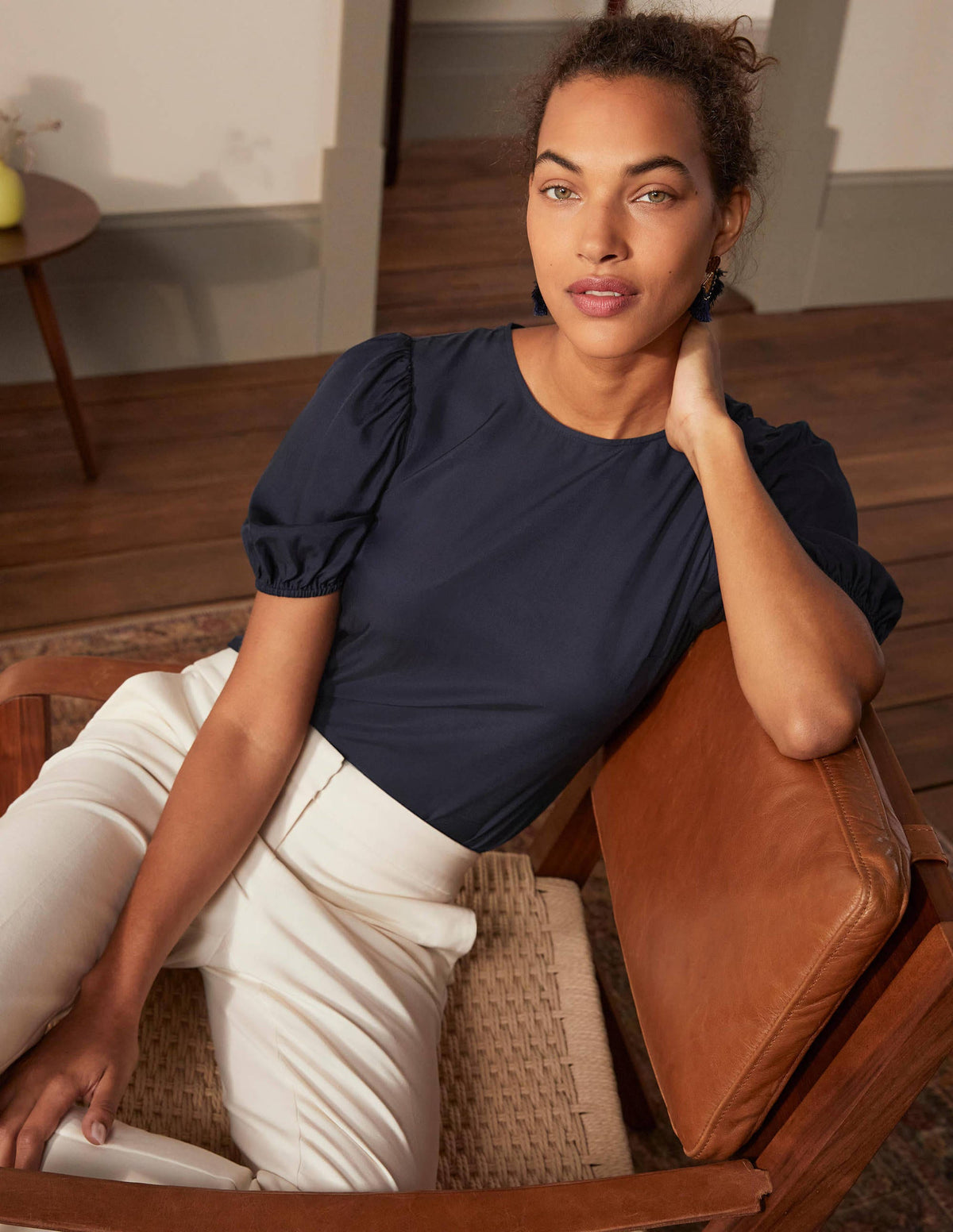 Adriana Puff Sleeve Top-Navy - Image 1