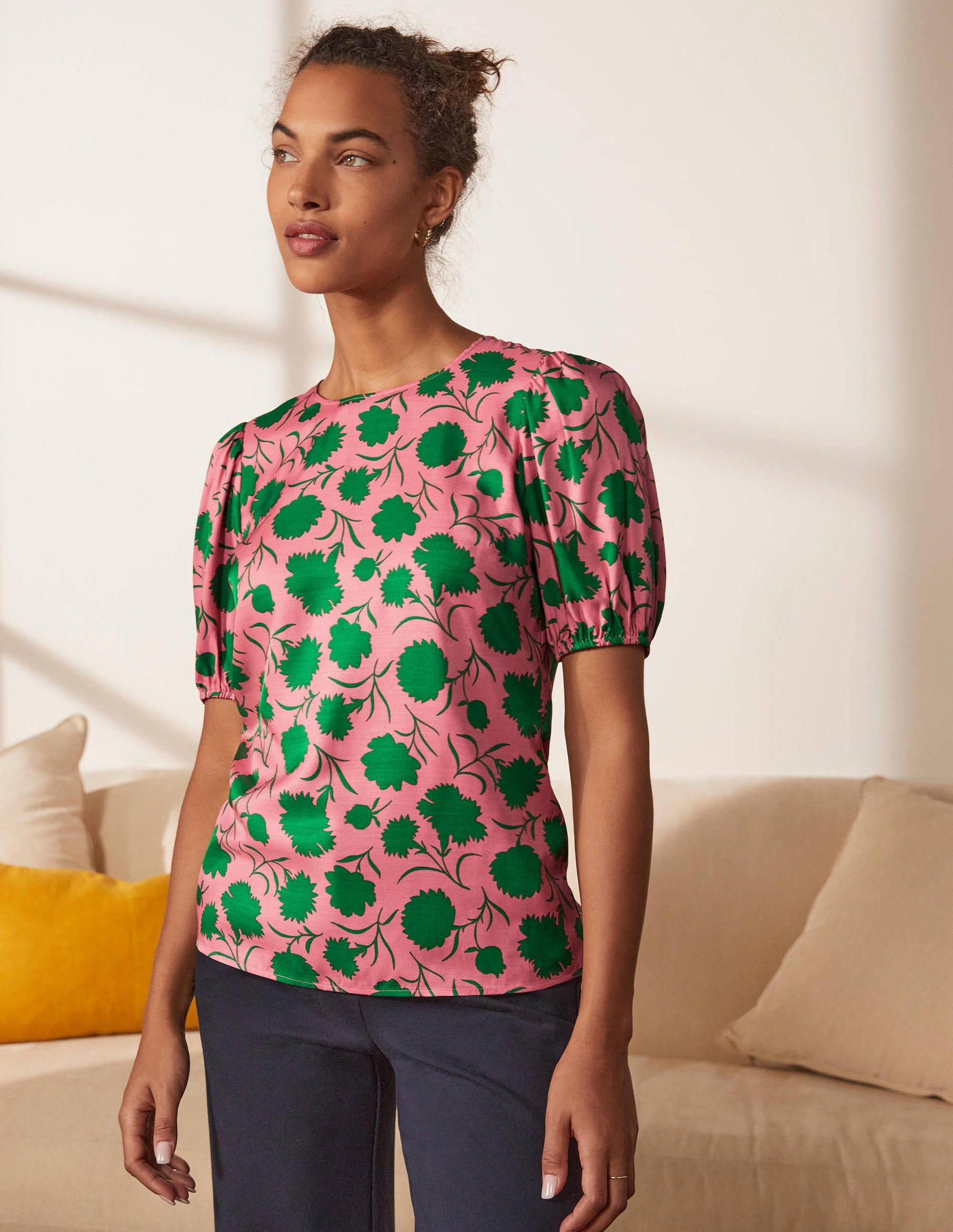 Adriana Puff Sleeve Top-Pink Lemonade, Leafy Bud-3