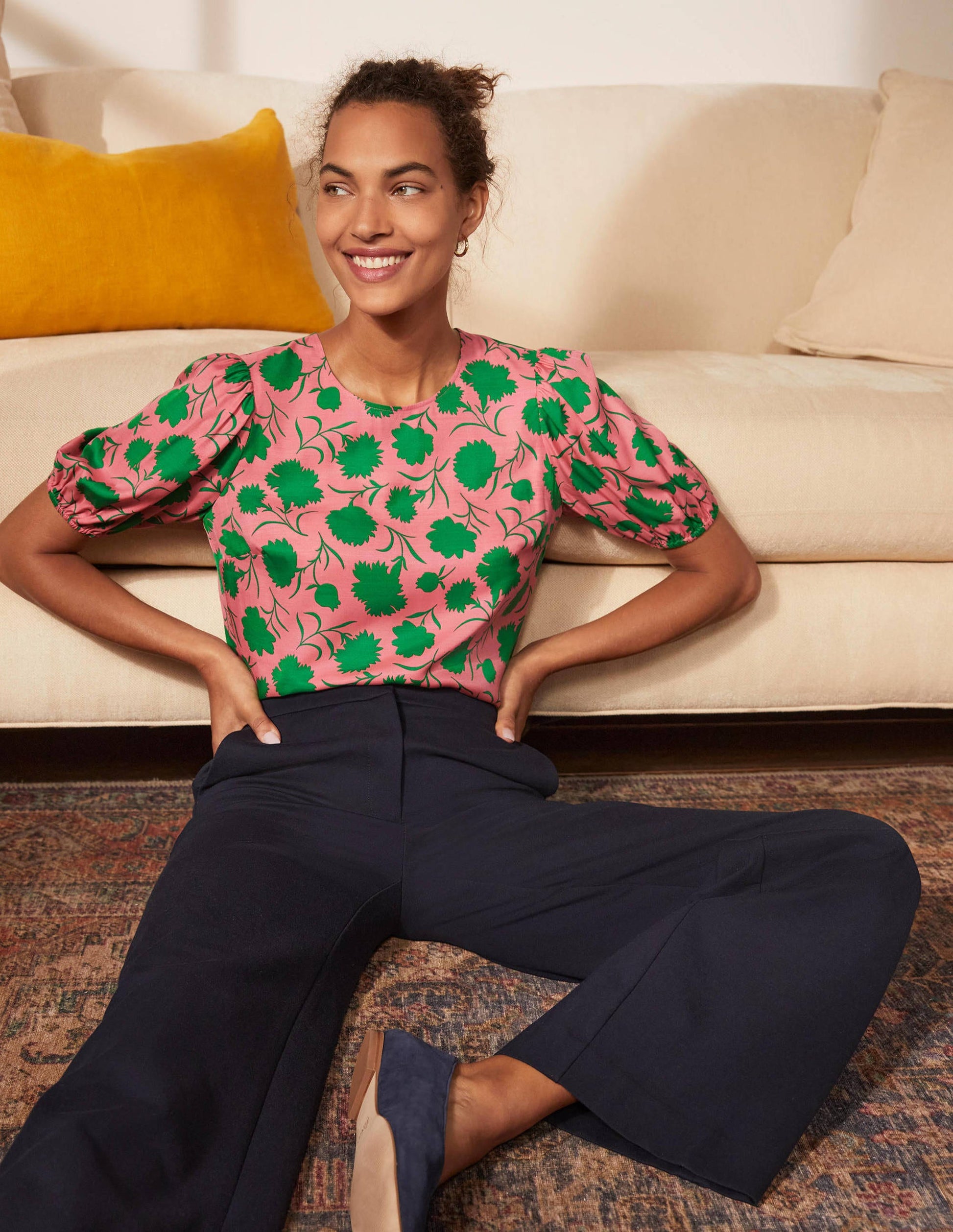 Adriana Puff Sleeve Top-Pink Lemonade, Leafy Bud-4