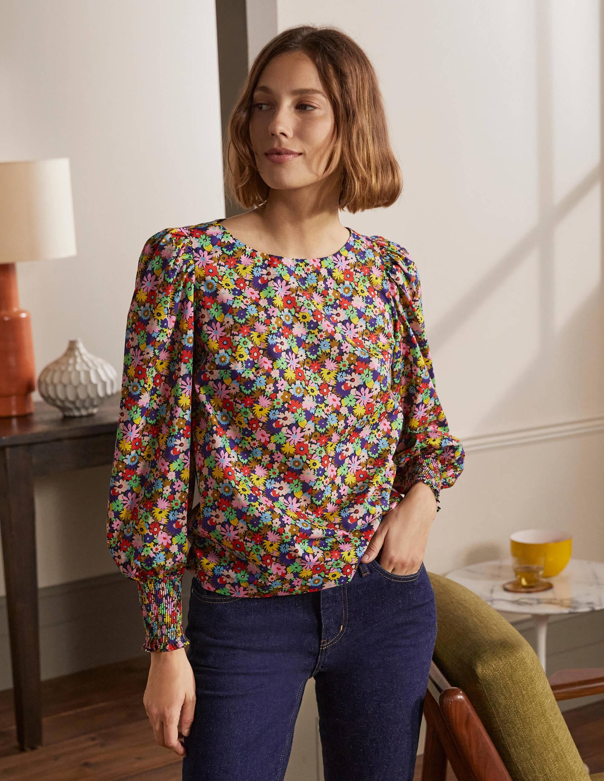 Smocked Cuff Cotton Top-Cherry Red, Paintbox Ditsy - Image 3