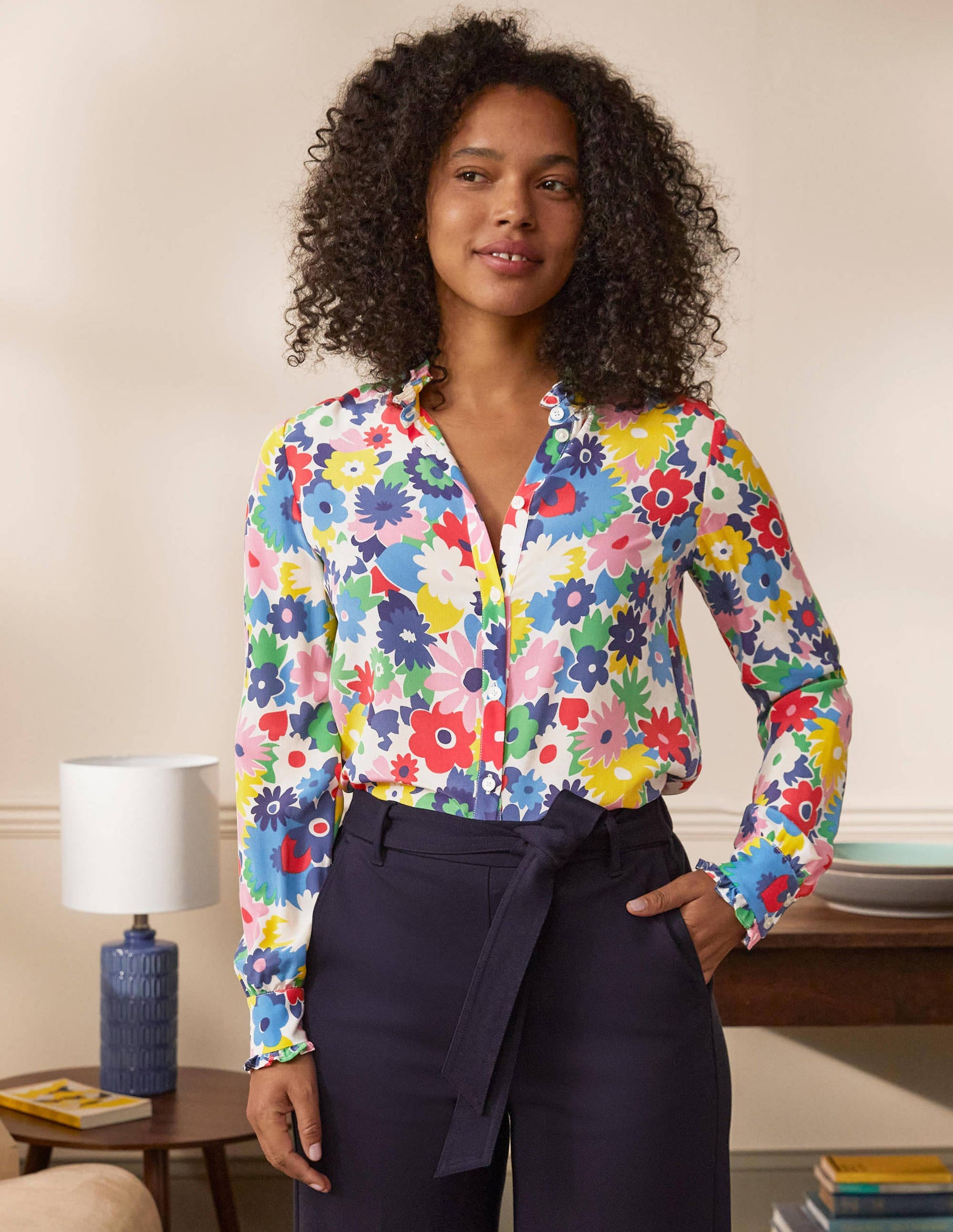 Ruffle Silk Shirt-Ivory, Paintbox Ditsy-5