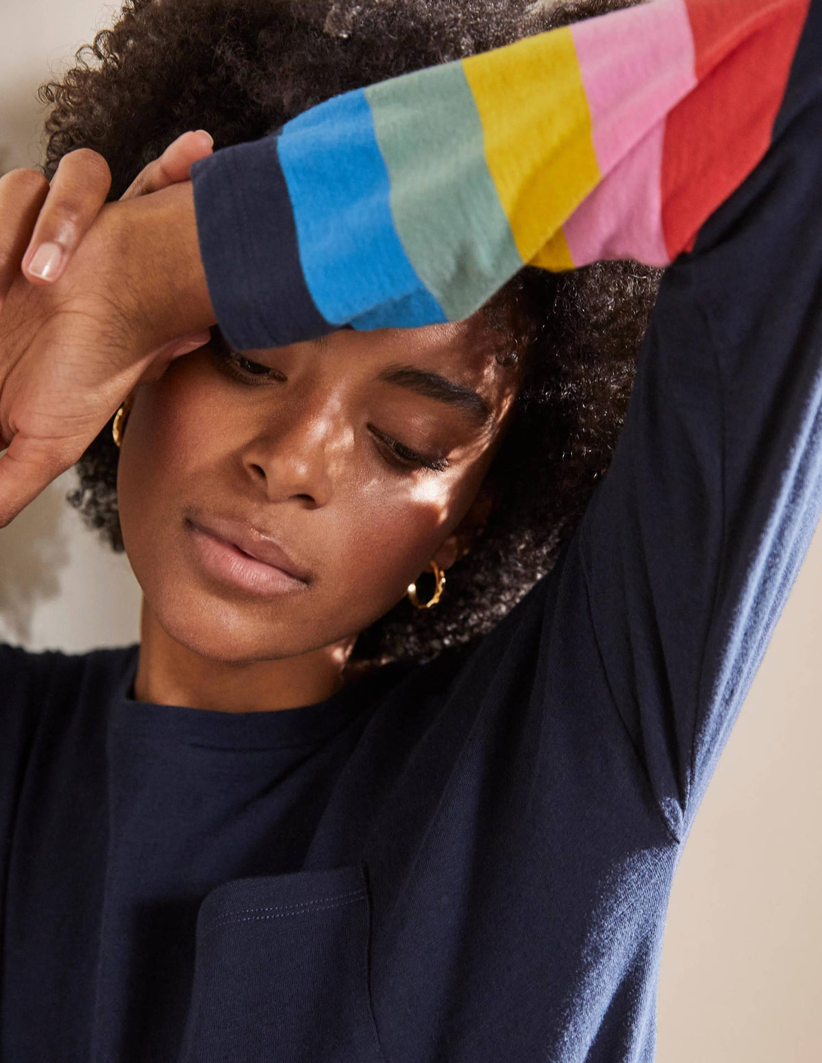 Boxy Jersey Tee-Navy Rainbow Cuff-1