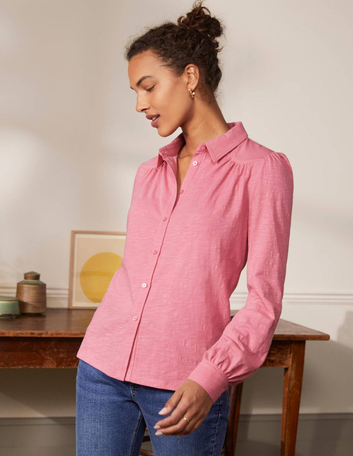 Gathered Detail Jersey Shirt-Dusk Cloud Pink - Image 3